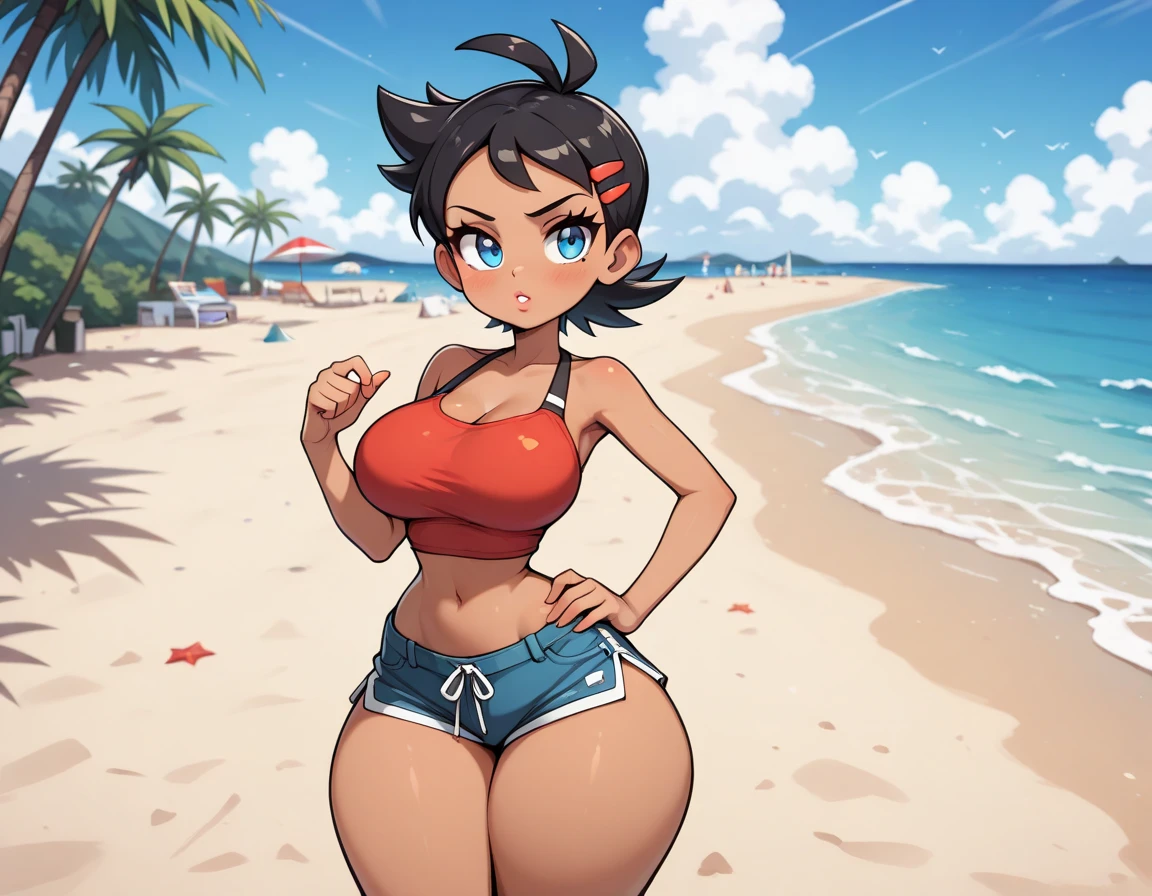 masterpiece, best quality, 1girl, large breasts, smile, solo, black hair, short hair, outdoors, denim shorts, hotpants, tube top, baseball cap, <lora:oil2.0_2-512LORA:0.6>, shiny skin, oily skin, beach <lora:leo:0.9>