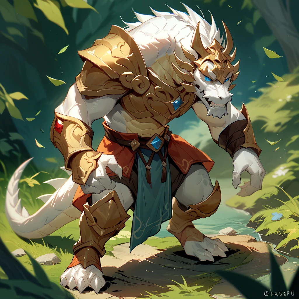 Individual game character portraits,Whole body from head to toe,white backgrounid,Furry,The best quality,Muscular,Tiger,High quality,High detail,,Long yellow hair,,Weapons with a sense of technology,There are complex and reasonable accessories on the body,Strong sense of design, Saigopunk,Other designs have AI you help me design,Ask for a cow break --auto
