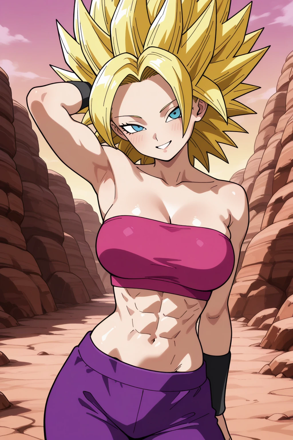 ((masterpiece, best quality)),(complex light), 1female,solo,upper body, goku black,super saiyan rose hair,pink eyes, angry, green potara earrings, large breasts, wide hips, curvy, thin waist, red collar, solo girl, armpits, arms up, large breasts, wide hips, curvy, thin waist, black slingshot swimsuit, black arm sleeves, abs, muscular female, 6 pack, muscles, beach background, sexy