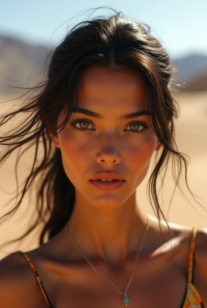 masterpiece, Transition to a desert landscape at sunset, a  figure, A beautiful 13-year-old American teenager emerges wearing beautiful post-apocalyptic nomadic clothes., White skin, by rubio, gray blue eyes, Freckles in the face, slim body for running, small breasts, Very detailed face, ultra realistic face, very beautiful face, clean but tired face, post-apocalyptic clothing. Layers of tattered fabric, unconventional accessories, and a worn appearance create an aura of survival and resistance., 16k, ultra high resolution.photorealistic, HD, raw, DSLR, with the face of jeniffer lawrence
