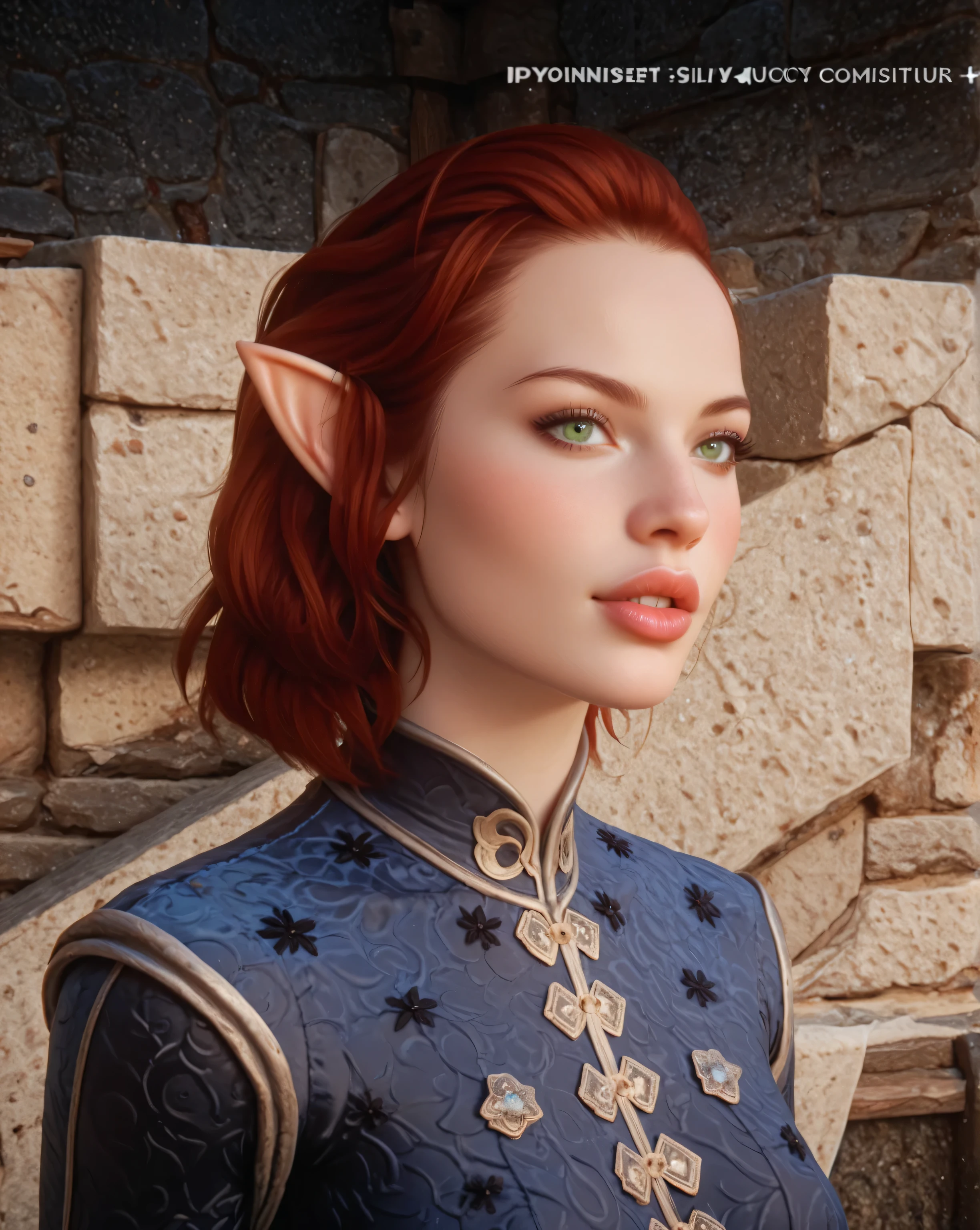 dragon age inquisition, elven character, elf woman, she has elf ears, green eyes, female character, Perfect round medium breasts, short red lesbian hair, juicy lips, sexy body, slim waist, thin, skinny, silk clothes, ornate embroidery