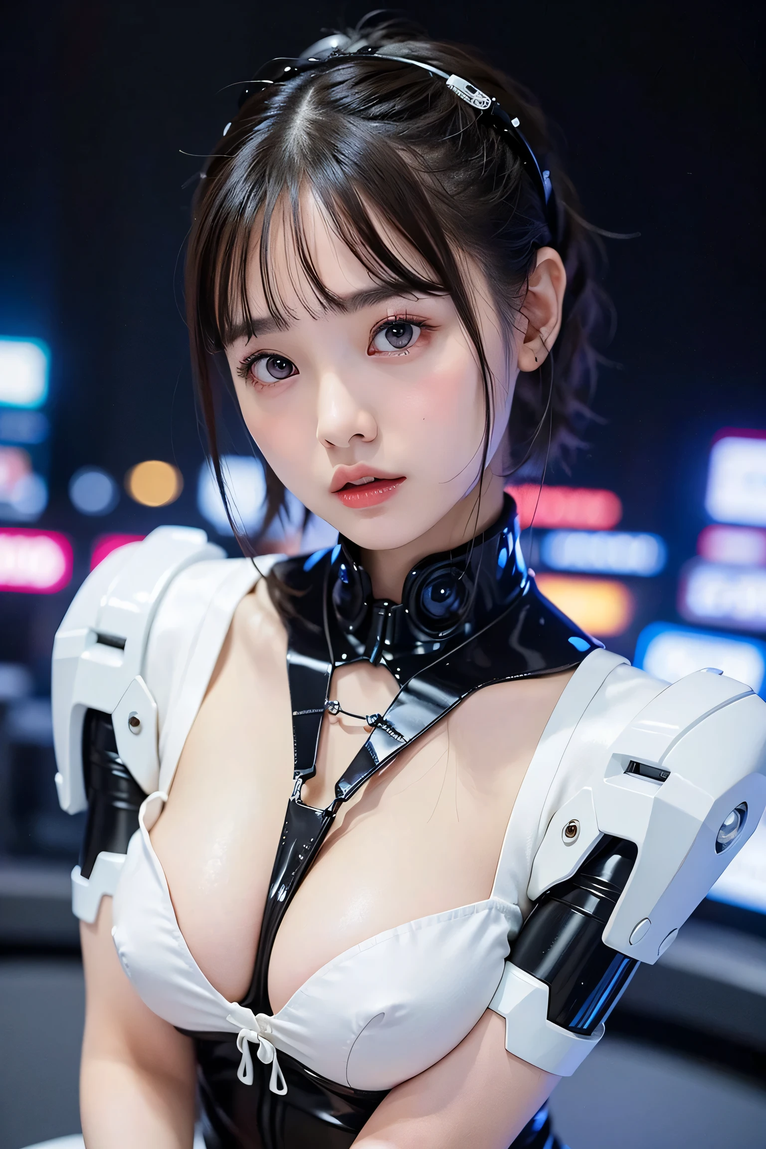 (Highest quality, High resolution, masterpiece:1.2), Very detailed, Realistic:1.37,(Perfect Anatomy),1 girl,Lots of cables,Lots of computer screens, A cute and very beautiful girl star idol,(Transform into a cute cyborg:1.2),secret smile,(Beautiful Eyes:1.2),Beautiful Skin, Detailed facial features, Complex Hair, Detailed costume, Beautiful Lips,(So cute, Futuristic fitted burgundy and white biocyborg costume with frilly mini skirt and boots:1.2), Metal Necklace,, Seductive makeup,Silver ponytail,Moe pose、Laughter ,(The background is inside the tubes of a cyborg assembly factory.:1.4).