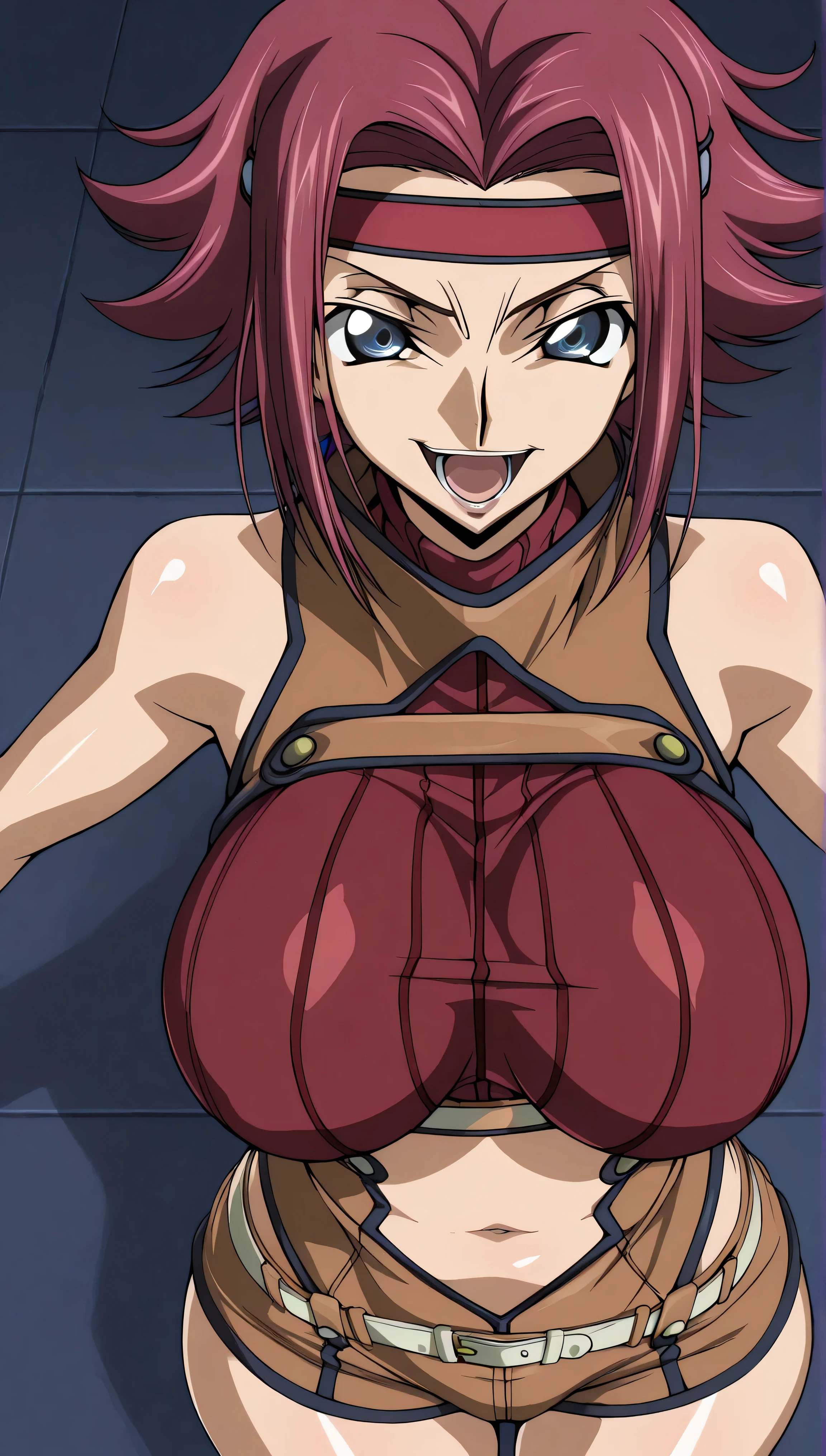 (pov crotch desk : 1), blue dress, (topless), Mei Terumi, anime cels style, best quality, high resolution, 1girl, (large breasts:1.2), beautiful face, long hair, brown hair, green eyes, ((hair over one eye)), red lipstick, cowboy shot, light smile