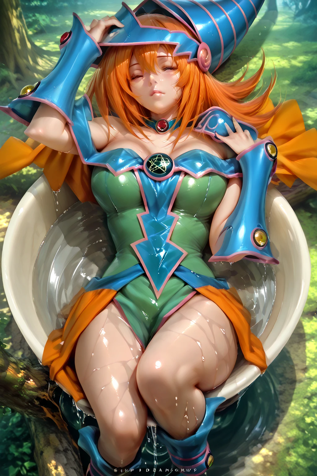  DQ3MAGE, orange hair, short hair
witch's hat, orange cape, neckline, green dress, sin tirantes, Wad of bills, orange gloves, black boots, Floating,masterpiece, high quality,  very beautiful, High contrast, semi-realistic, newest,balancing , lying,crossed legs,high angle,wet drip,brilliant skin,brilliant ,score_9 , score_8_above , score_7_above ,wet drip clothes,brilliant clothes, In the cup of a tree made,big breast,