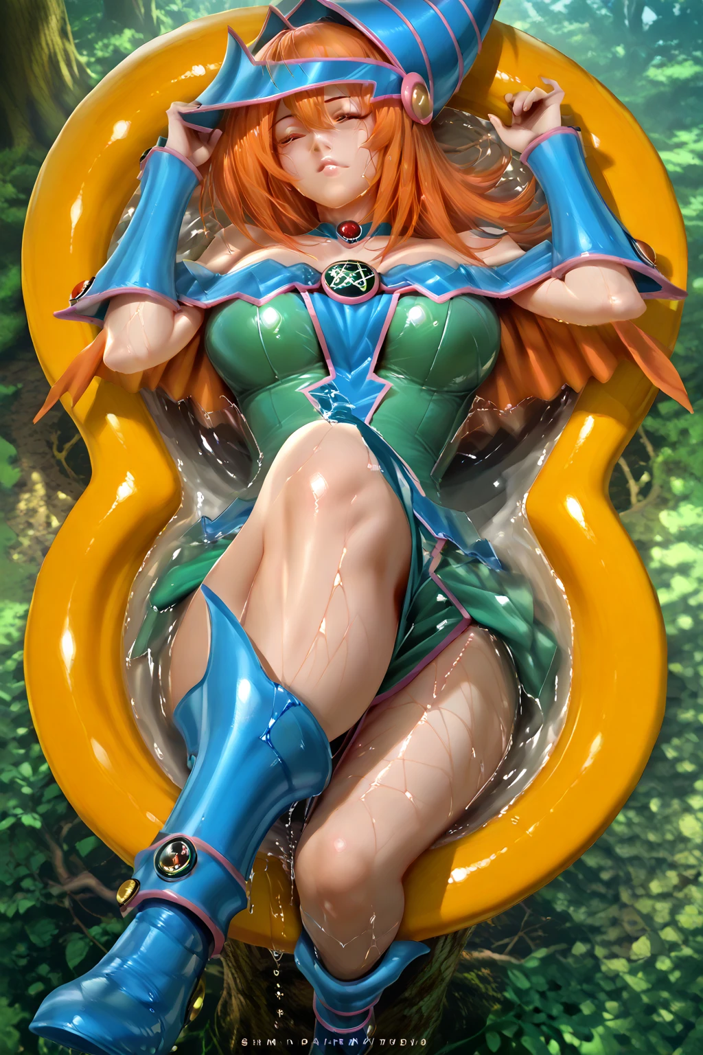  DQ3MAGE, orange hair, short hair
witch's hat, orange cape, neckline, green dress, sin tirantes, Wad of bills, orange gloves, black boots, Floating,masterpiece, high quality,  very beautiful, High contrast, semi-realistic, newest,balancing , lying,crossed legs,high angle,wet drip,brilliant skin,brilliant ,score_9 , score_8_above , score_7_above ,wet drip clothes,brilliant clothes, In the cup of a tree made,big ,
