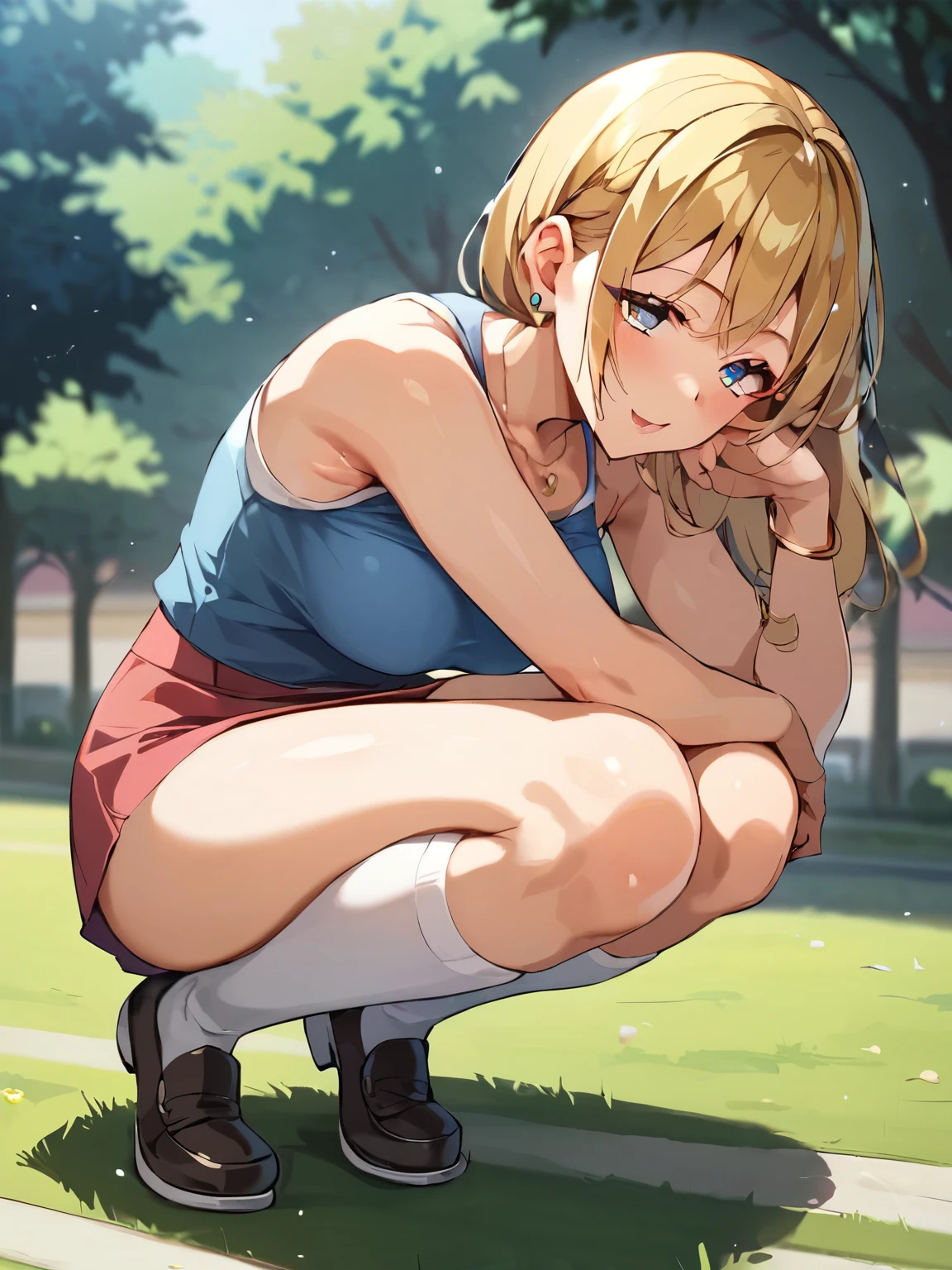(masterpiece,best quality, detailed), claire thomas, long hair, blue eyes, blonde hair, ponytail, scrunchie, (white gym shirt, blue buruma:1.1), sweat, outdoors, looking at viewer, legs, thighs, knees, thick thighs, disgust, parted lips, squatting