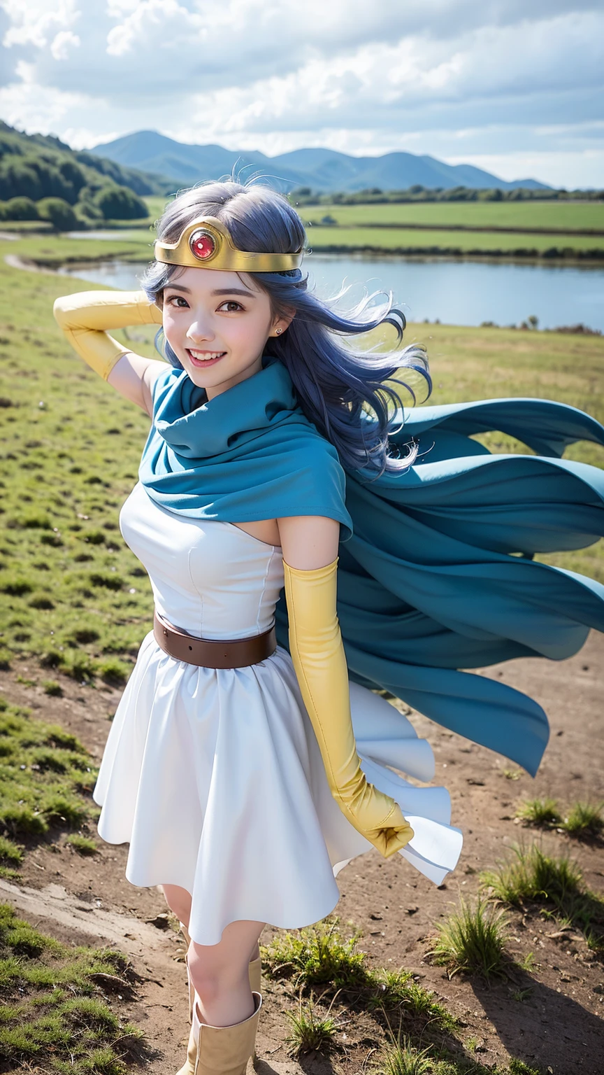 ((masterpiece, highest quality)),(shape),(detailedLight),((Very delicate and beautiful)),1 girl,Godolphin Arabian,long hair,blue hair,Green Eyes,Horse's ears,Uma Musume,hair_ornament,White Dress, Exposing shoulders, ,Sleeveless,Evening Dresses,Long dress,Outdoor, Light,blue sky, horizon, grassland, wild