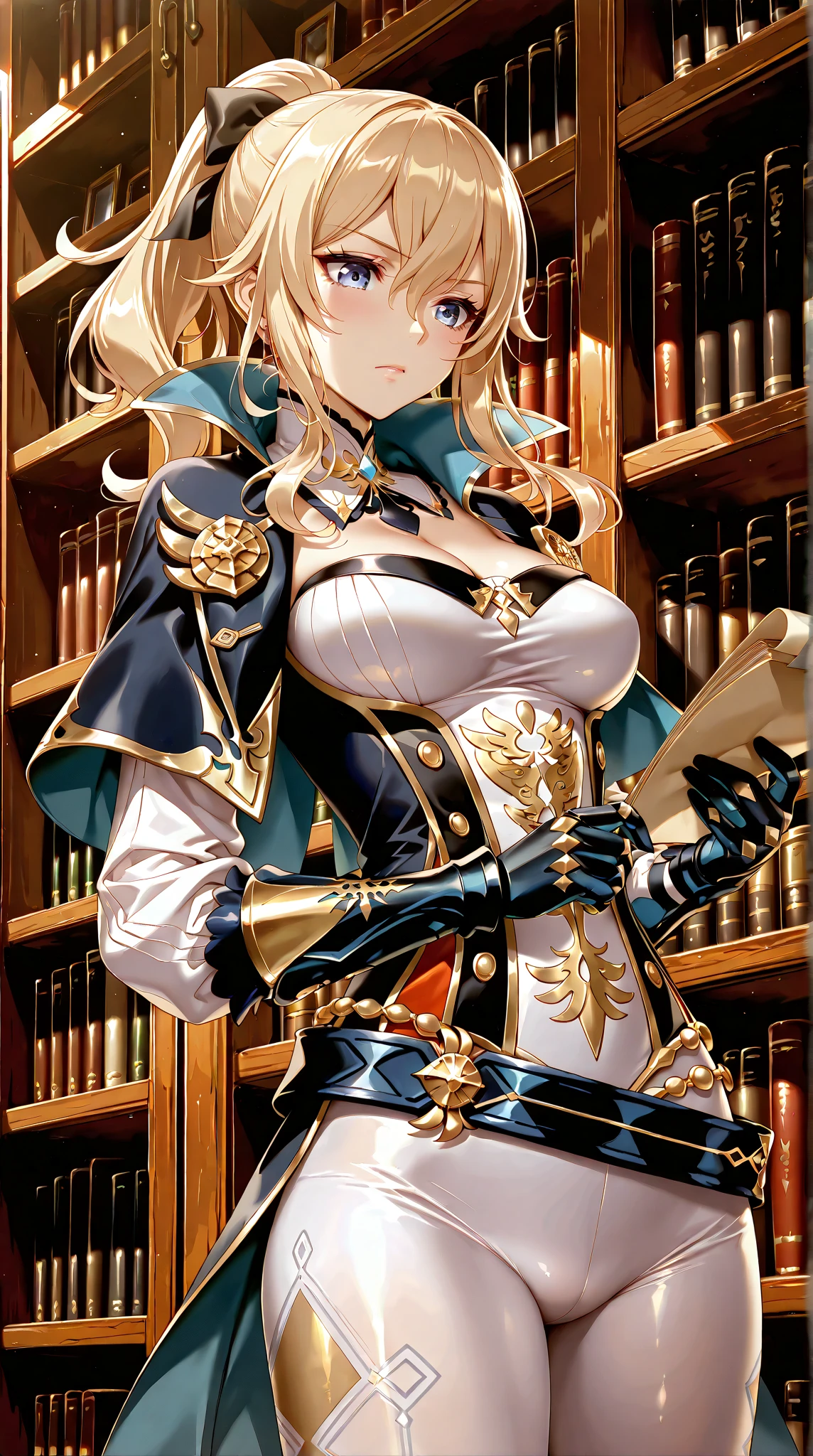 (Medieval: 1.05), Motion Blur, Masterpiece, Best Quality, Solo, Finely Detailed, 4K, Extremely Detailed CG Wallpaper, Game CG, [A Woman, Blonde, (9 Fox Tails: 1.25), Black and White Off-the-Shoulder Dress, Lace Trim: : 0.8], Inside the Library