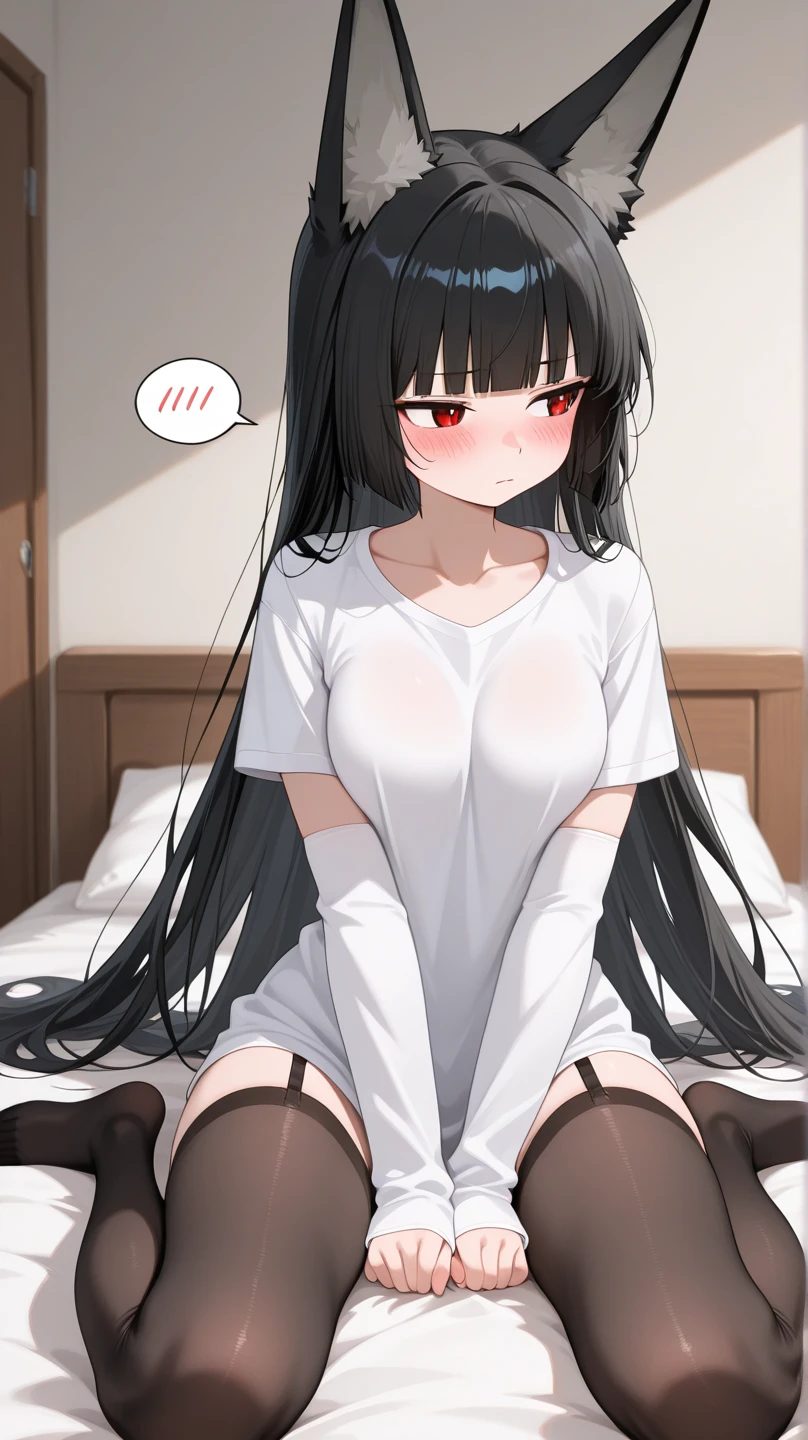 Young women，Black long hair，big eyes，Beautiful face，Wearing a black loose T-shirt，Having male genitalia，The hem of the T-shirt covers part of the lower body，Male genitals push up the shirt，Kneel in front of the mirror，Hands grasp the chest，Breast deformation，Fingers sink into breasts，Expression of surprise and confusion，Stick out your tongue，White fluid leaking from chest，Red cheeks，Slight sweating。