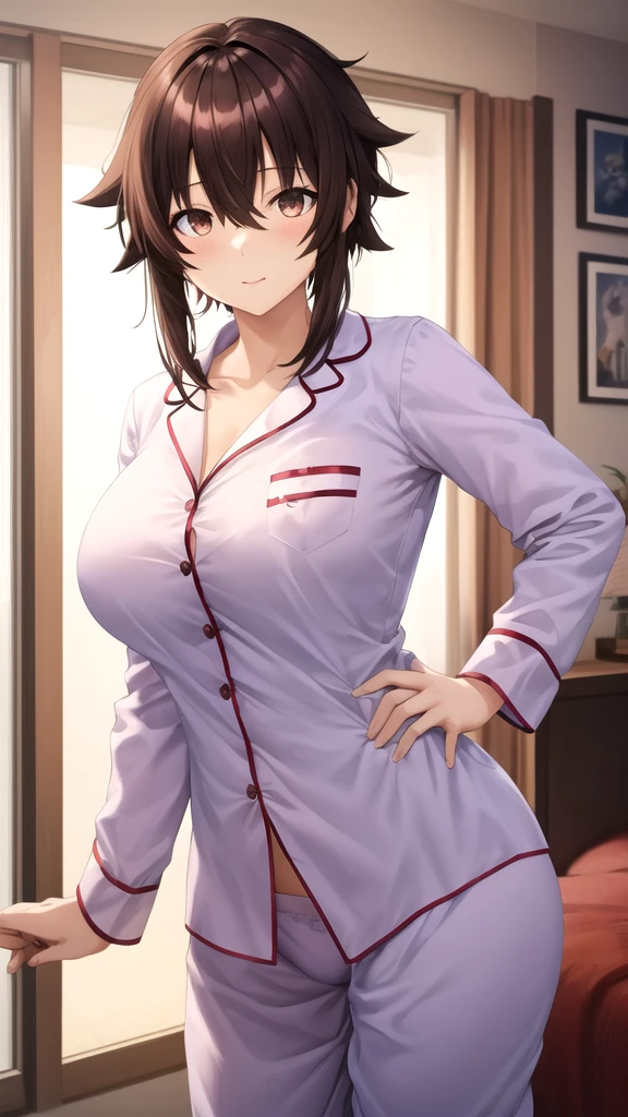 masterpiece, best quality, highres, aasugu, short hair, hairclip, cleavage, pajamas, red shirt, dress shirt, ???? legs, standing, cowboy shot, indoors, room