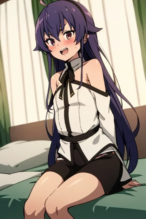 restrained, shackles, rope、Purple Hair、Semi-long hair、White underwear、White panties、On the bed、Blushing、