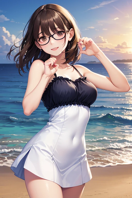((best quality)), ((highly detailed)), masterpiece, absurdres, (detailed eyes, deep eyes), (1girl), (glasses), contrapposto pose, hands in hair, <lora:FrilledOnePieceSwimsuitV1:1>, frilled one-piece swimsuit, cleavage, , outdoors, at the beach, morning