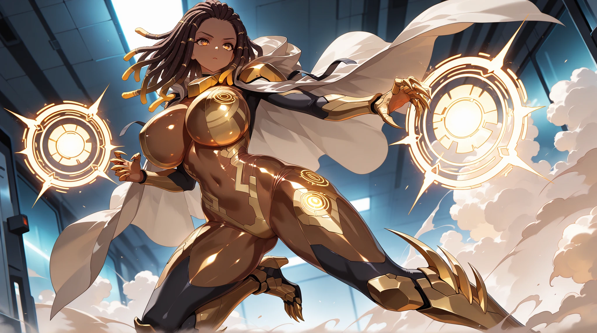 Abdominal muscles Black Skin short hair Black Hair Yellow Eyes muscle , Large Breasts, , High resolution, Ahoge, Jagged teeth whole body Tight clothing Big Breasts ((G-string)) ((Thong)) Brown skin Thick thighs Big Ass Inner Gold One person, solo, Bangs, Widescreen, smug face ((Droopy eyes)) Droopy eyes Kind eyes Round eyes Wide eyes、Pointy Ears, Pointy Ears, Blake Droopy eyes Emphasize the chest 胸を見せ付ける