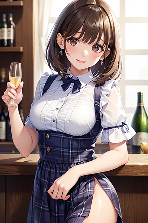 1girl, forehead, large breasts, skirt, brown skirt, bar, brown hair, short hair, smile, standing, mature female, layered skirt, sleeveless, long shirt, bowtie, bow, bubble skirt, holding bell, bell, bare shoulders,