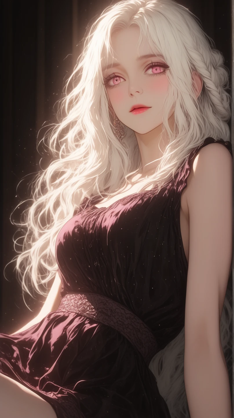 1girl, fur coat, white hair, blond hair, red eyes, pearl necklace, neckline, sitting, arms at sides, curly hair, white coat, thick coat, sitting, <lora:Manitu Style V2:0.9>
