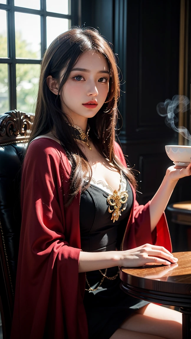 ((tmasterpiece), (best qualtiy), 超A high resolution, (RAW photogr:1.2), (realisticlying:1.4), Extraordinary details, dramatic lighting, A high resolution, 8k, hoang lap, 独奏, CNGirl_2,1girll,((Pink hair)),closeup cleavage,daoist_robe,yellow taoist robe,Chinese temples,fanciful,incense,long whitr hair,looking at viewert,