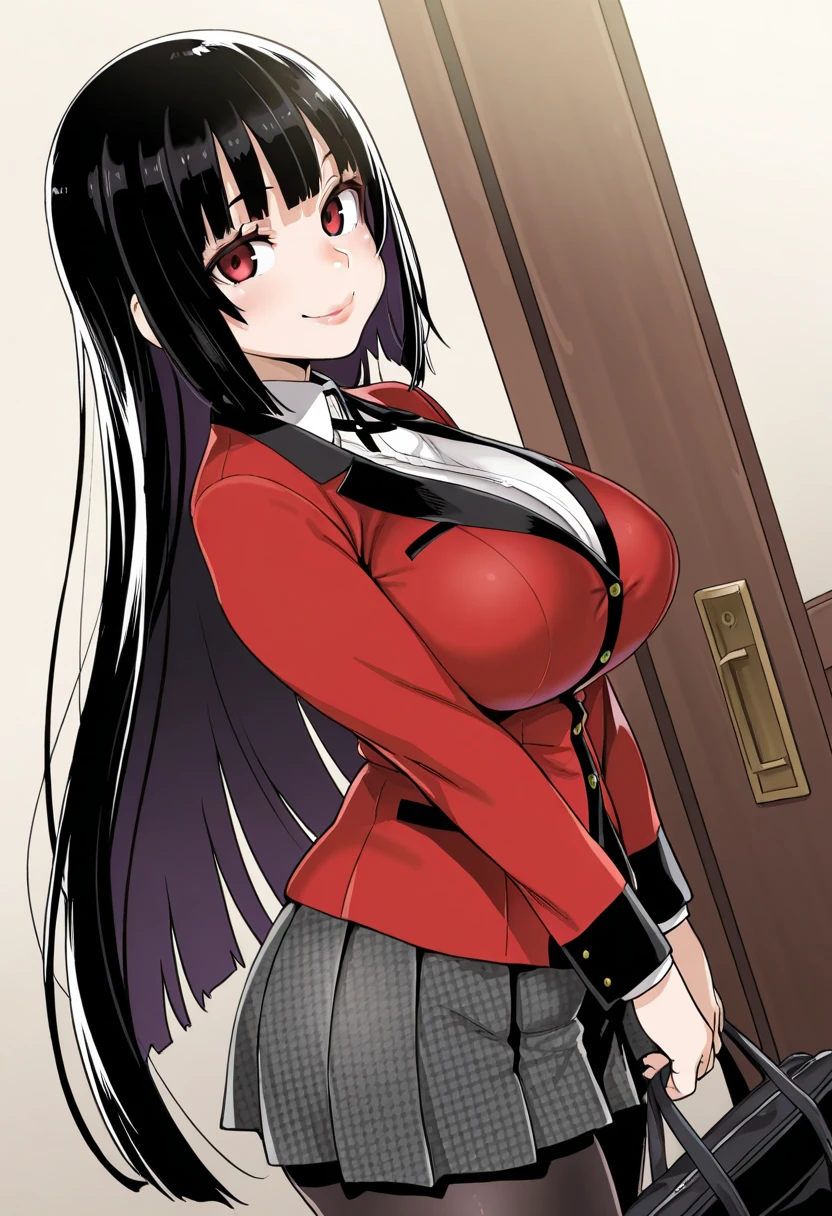 1girl,solo,highres,photorealistic, (best quality:1.1), (masterpiece:1.4), (absurdres:1.0)
jabami yumeko,at garden,pose,blunt bangs,large breasts,
white bra,white panties,white shirt,red school uniform,red eyes,black thighhighs,Staggered Lattice Pattern pleated skirt,
tight panties,tiny bra,bra out ,clothes pull,narrow waist, 
naughty face,blush,unbuttoned school uniform lift,panty peek,
(face close up,looking looking at viewer,portrait,facing front),