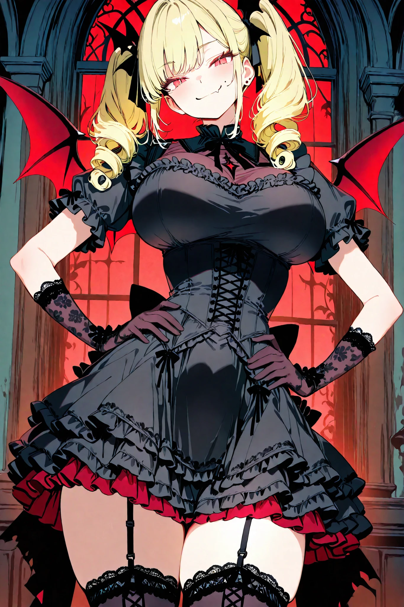 1 woman, solo, 28yo, small vampire wings, voluptuous body, wide hips, hourglass-shaped body, thick thighs, very large breasts, tight top, gothic sleeveless top, sexy black gothic top, breasts window, frilled detached short sleeves, high waistline skirt, long frilled black skirt, layered skirt, flared black and red skirt, blonde hair, long curly twintails, bright red eyes, slit pupils, skin fang, smug smile, proud smile, mole on left cheek, hands on hips, elegant patterned short gloves, standing, cute pose, looking at viewer, asymmetrical legwear, dark blue glittering stockings, garter belt, elegant haunted manor in background, best quality, highest resolution