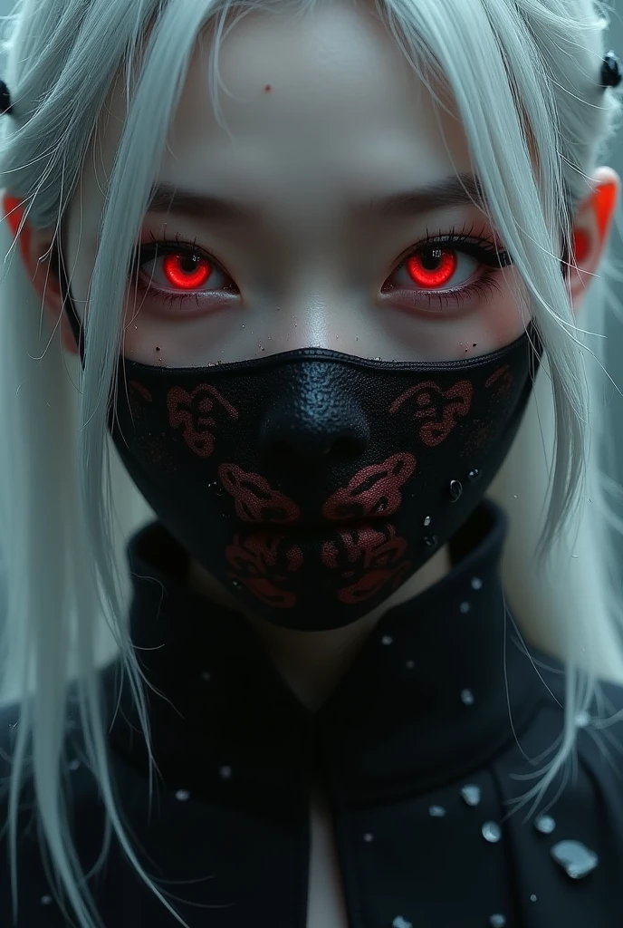 A close-up portrait of a young woman with long, flowing silver hair, wearing a black face mask adorned with a graphic design. Her striking red eyes contrast with her pale skin, and she has a serious expression. The background features soft gray tones, suggesting an atmospheric and moody setting. Delicate details, such as moisture droplets on her skin, enhance the dramatic effect.
a woman with white hair and a black mask on, beautiful cyberpunk girl face, stunning anime face portrait, anime vibes, cyberpunk horror style, anime cyberpunk art, aesthetic cyberpunk, cyberpunk anime girl, cyberpunk vibes, cyberpunk anime girl in hoodie, cyberpunk anime art, digital cyberpunk - anime art, cyberpunk face, with glowing red eyes, metal and glowing eyes, with red eyes
The style of the image appears to be a blend of fantasy and cyberpunk, characterized by its detailed and vibrant digital art. The depiction of a character with striking features, such as white hair and red eyes, along with elements like a mask and contemporary clothing, emphasizes a dystopian or futuristic theme. The use of dramatic colors and intricate details adds to the overall aesthetic, making it visually striking and immersive.
