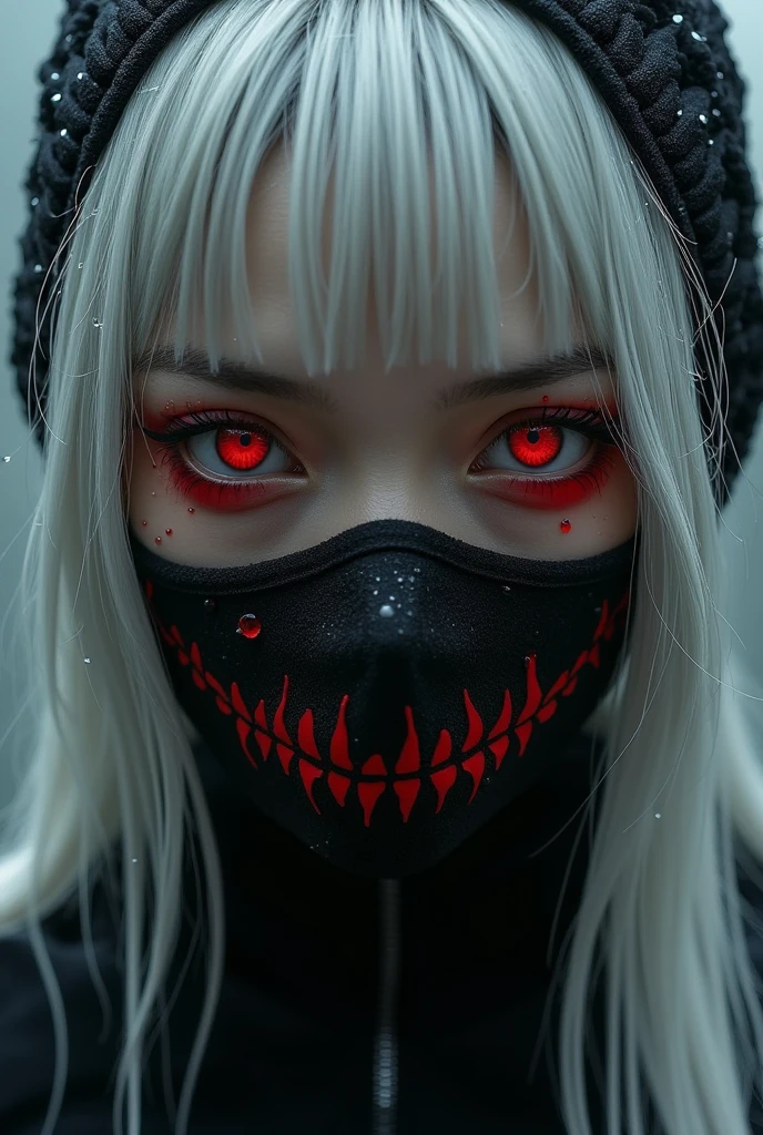 A close-up portrait of a young woman with long, flowing silver hair, wearing a black face mask adorned with a graphic design. Her striking red eyes contrast with her pale skin, and she has a serious expression. The background features soft gray tones, suggesting an atmospheric and moody setting. Delicate details, such as moisture droplets on her skin, enhance the dramatic effect.
a woman with white hair and a black mask on, beautiful cyberpunk girl face, stunning anime face portrait, anime vibes, cyberpunk horror style, anime cyberpunk art, aesthetic cyberpunk, cyberpunk anime girl, cyberpunk vibes, cyberpunk anime girl in hoodie, cyberpunk anime art, digital cyberpunk - anime art, cyberpunk face, with glowing red eyes, metal and glowing eyes, with red eyes
The style of the image appears to be a blend of fantasy and cyberpunk, characterized by its detailed and vibrant digital art. The depiction of a character with striking features, such as white hair and red eyes, along with elements like a mask and contemporary clothing, emphasizes a dystopian or futuristic theme. The use of dramatic colors and intricate details adds to the overall aesthetic, making it visually striking and immersive.
