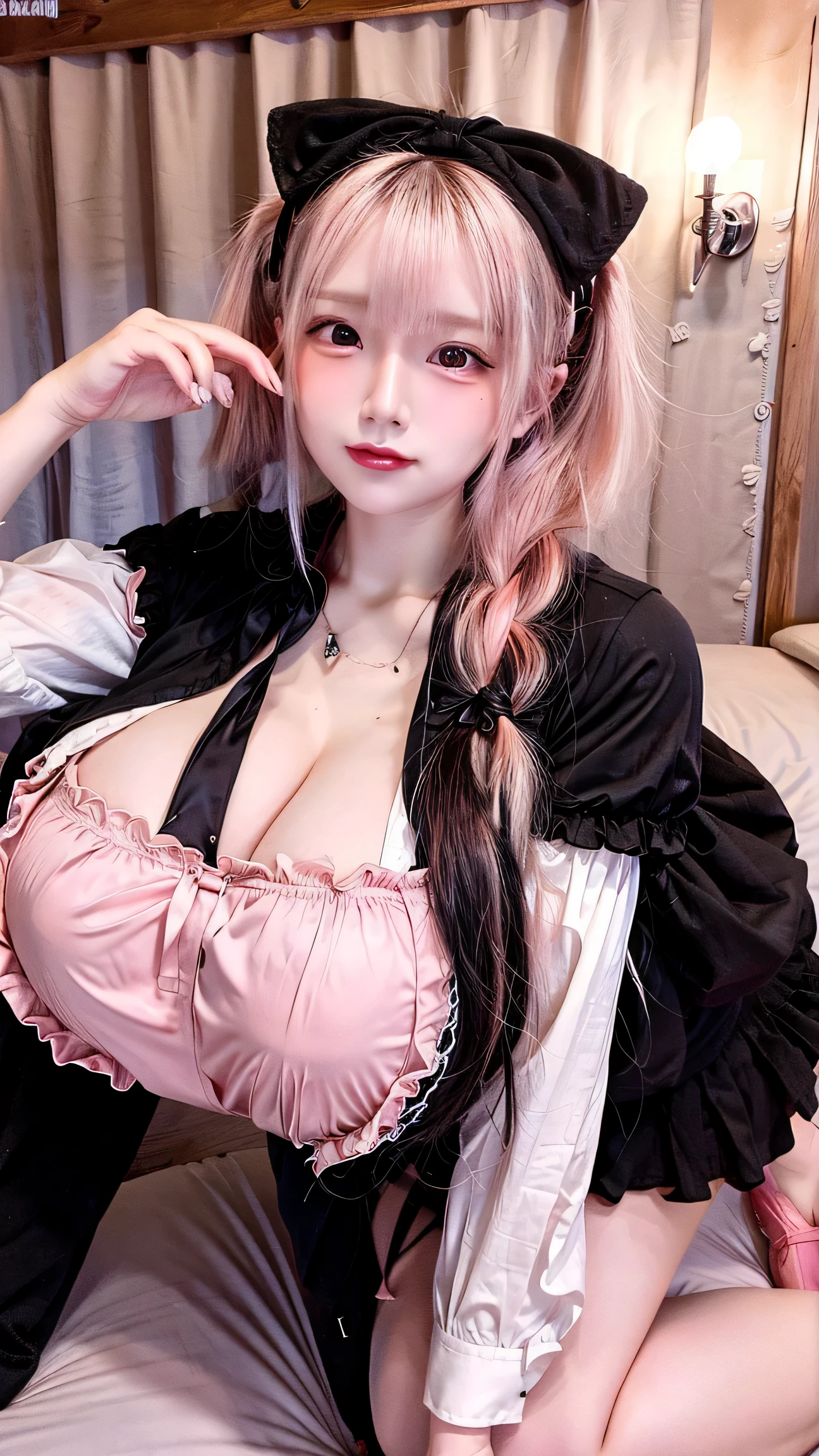 韓国のmature woman，standing in front of the park，（（（T Masterpiece）））， （（best quality））， （（intricate details））， （（ultra realistic realism））， stupid solution， mature woman， ripe woman， very detailed， An illustration，（（large breasts））， perfect hands， detailed fingers， beautiful detailed eyes，(Very long twin tail wavy hair with silver and pink two-tone hair color:1.6)， (((Korean style long sleeve gothic lolita costume:2.0, frills, Super mini pleated skirt with plaid pattern, Fishnet tights, black platform knee boots, light pink thong)))，Detailed background， perfect eyes， enchanting eyes，mouth slightly open, (((One girl with huge breasts that looks like it&#39;s going to explode:1.5)))

