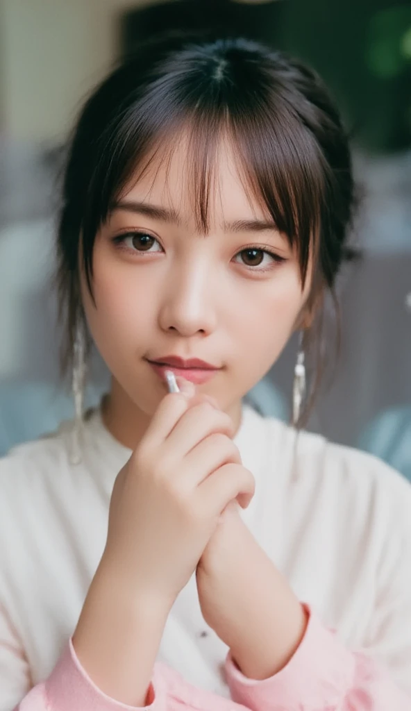  A low angle image ，A wearing a thin pajama dress ，没有穿的美丽的日本woman,  and light pink G string panties .

Image details
Female appearance  :  woman, long, 黑直long发, Wearing glasses, Smiling and turned to the side ,  lying on the bed in the dark , 抬起Hips. High and swaying breasts ，Sexy shape，Big ，Hips，Big Ass(( Anatomically correct )).

The set includes  : A light and flowing two-piece set consisting of a thin pajama dress without a bra  and light pink G string panties . (( looks super detailed ))The most complete and comprehensive details .

 personality, posture : The girl stands on her side, Hips向前倾斜, 她的Hips抬起, Swinging，Breasts lifted . She kneels on a pink bed , Looking straight into the camera. ((, Accurate and realistic figure , and textures )).

 background :  A simple home ， The sun shines through the window , Gives a cozy atmosphere to the atmosphere . Inviting and inviting

Image mood
This image conveys the brightness and joy of everyday life , And the feeling of relaxing in a cozy atmosphere .

Retina, Retina, The highest image standard  

