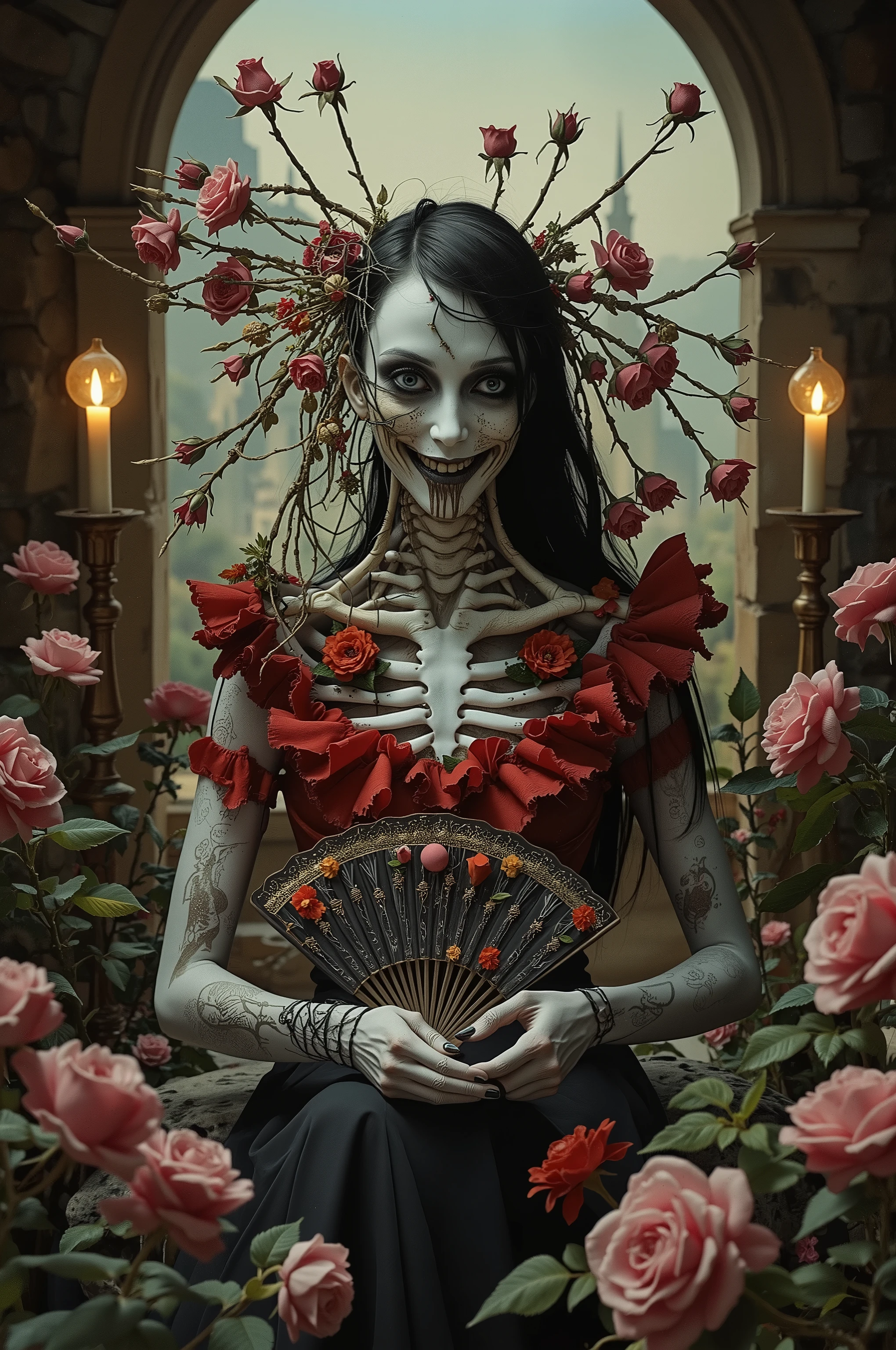 Ultra-realistic, photo-realistic, cinematic photography, realistic, hyperrealistic.   A striking figure with an intricately elongated and skeletal neck creates a dramatic and surreal impression. The skin is pale, almost ghostly, stretching over the sinewy structure of the shoulders and neck, while the visible ribs emphasize a skeletal motif. Soft lighting highlights the porcelain-like texture of the skin, which is adorned with a series of elegant metal ornaments along the shoulders and arms. The deep red attire, frayed and ornate around the edges, contrasts starkly against the pale skin, adding a pop of color and enhancing the eerie mood. Wisps of hair cascade in waves, adding softness to the overall angular and macabre composition. The atmosphere is one of haunting elegance, with a somber undertone that blends elements of fantasy and the grotesque.there is a woman with a strange head and a body made of flowers, 4k highly detailed digital art, humanoids overgrown with flowers, humanoid flora, 4 k highly detailed art, 4k detailed digital art, mechanical vegetal cyborg, detailed painting 4 k, detailed fantasy digital art, detailed fantasy art, highly detailed fantasy art, psychedelic organic cyborgIn a surreal, fantastical portrait, an intricate humanoid figure stands surrounded by a lush garden of vibrant roses. The figure's form is a complex, mesmerizing blend of organic and mechanical elements, with skin resembling ivory porcelain intertwined with a network of exposed wires, gears, and botanical motifs. The head is adorned with an elaborate headdress of cables and roots exploding into colorful and bizarre foliage, creating an otherworldly crown. Large, wide-set eyes and a skeletal grin give the face a haunting yet whimsical expression. Brightly colored flowers and ornaments are embedded in the body, adding an enchanting touch of life. The background features a fairy-tale landscape with distant, whimsical towers and soft, ethereal lighting that complements the serene, almost dreamlike ambiance. The scene captures an exquisite blend of nature and machinery in a symphony of artistic imagination, evoking themes of transformation and the merging of human and natural worlds.A woman sits amidst the solemn grandeur of a dimly lit room, her presence accentuated by an elaborate black and red gown. The dress is richly adorned with intricate details and vibrant red frills, drawing the eye with its striking contrast against the subdued background. Her dark, flowing hair cascades over her shoulders, complementing the dramatic ambiance. She holds an ornate fan, its red and gold hues matching her attire, adding a touch of elegance and mystery. Surrounding her are antique candlesticks, their glowing flames casting a warm, flickering light that dances over the stone textures and arched architecture of the setting. This gothic atmosphere is filled with shadows and depth, enhanced by the stones and scattered bones around her, evoking a somber, introspective mood. The interplay of light and shadow is captured beautifully, creating an evocative and intriguing tableau.A striking figure with an intricately elongated and skeletal neck creates a dramatic and surreal impression. The skin is pale, almost ghostly, stretching over the sinewy structure of the shoulders and neck, while the visible ribs emphasize a skeletal motif. Soft lighting highlights the porcelain-like texture of the skin, which is adorned with a series of elegant metal ornaments along the shoulders and arms. The deep red attire, frayed and ornate around the edges, contrasts starkly against the pale skin, adding a pop of color and enhancing the eerie mood. Wisps of hair cascade in waves, adding softness to the overall angular and macabre composition. The atmosphere is one of haunting elegance, with a somber undertone that blends elements of fantasy and the grotesque.