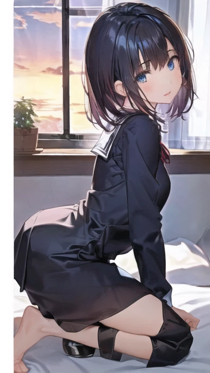 Kanao Tsuyuri, Kanao Tsuyuri, black hair, butterfly, butterfly hair ornament, (purple eyes:1.1), side ponytail, ponytail, NFV,
BREAK black skirt, e.g, Demon Slayer Uniform, long sleeves, pleated skirt, skirt, white e.g,
BREAK looking at viewer,
BREAK indoors, dumb room,
BREAK (table:1.2), Best quality, A high resolution, Обои Unity 8k, (illustration:0.8), (beautiful detailed eyes:1.6), very detailed face, perfect lighting, very detailed computer graphics, (perfect hands, Ideal Anatomy),masterpiece,A high resolution,Ideal Anatomy,Cinematic lighting,anime keyvisual,beautiful detailed eyes,Best quality,unity 8k wallpaper,super detailed skin,White skin,White lace panties,knees up,upskirt, upskirt видно жопу