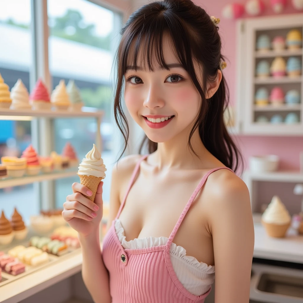 (Tabletop:1.3, Realistic:1.4, 8k), highest quality, masterpiece, 超A high resolution, Perfect dynamic composition, Highly detailed skin and facial textures:1.3, Fine grain, Detailed limbs, One Girl, Cute, sexy, slim 20 year old woman, Fair skin, ((Clarity:1.1)), ((Big breasts:1.0, Cleavage:1.15)), (A shy smile:0.9, Watching the audience ((Pink Tank Top)), (Beautiful, clear eyes:0.85), Sexy Face:0.4, Silver Necklace、Pink brown long hair、ponytail、Smiling with teeth showing、(((Licking ice cream)))