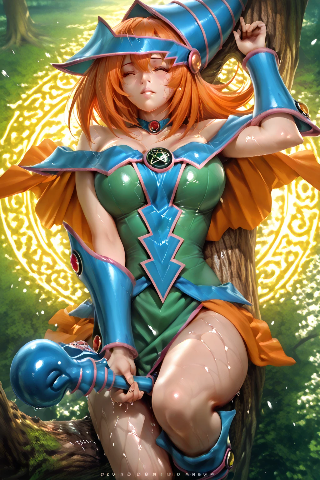  DQ3MAGE, orange hair, short hair
witch's hat, orange cape, neckline, green dress, sin tirantes, Wad of bills, orange gloves, black boots, Floating,masterpiece, high quality,  very beautiful, High contrast, semi-realistic, newest,balancing , lying,crossed legs,high angle ,score_9 , score_8_above , score_7_above , wet clothes ,brillante clothes, in the crown of a tree made by casting a spell, He holds in one hand a grimoire ,big breast,