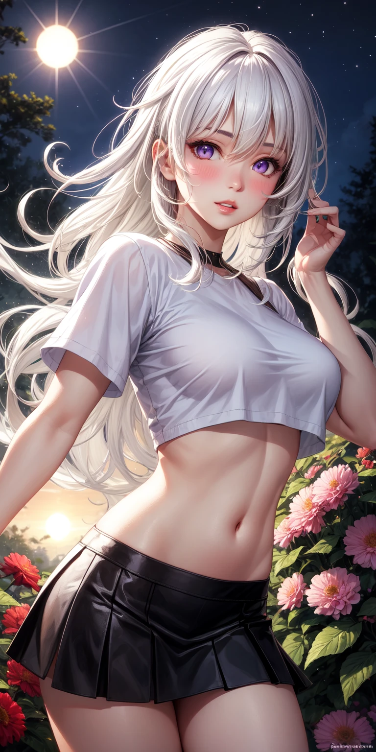 actual, 1 girl, white hair, purple eyes, glowing eyes,The chest is large， crop top, skirt, open lips, blush, night, flowers, sun, sunlight,