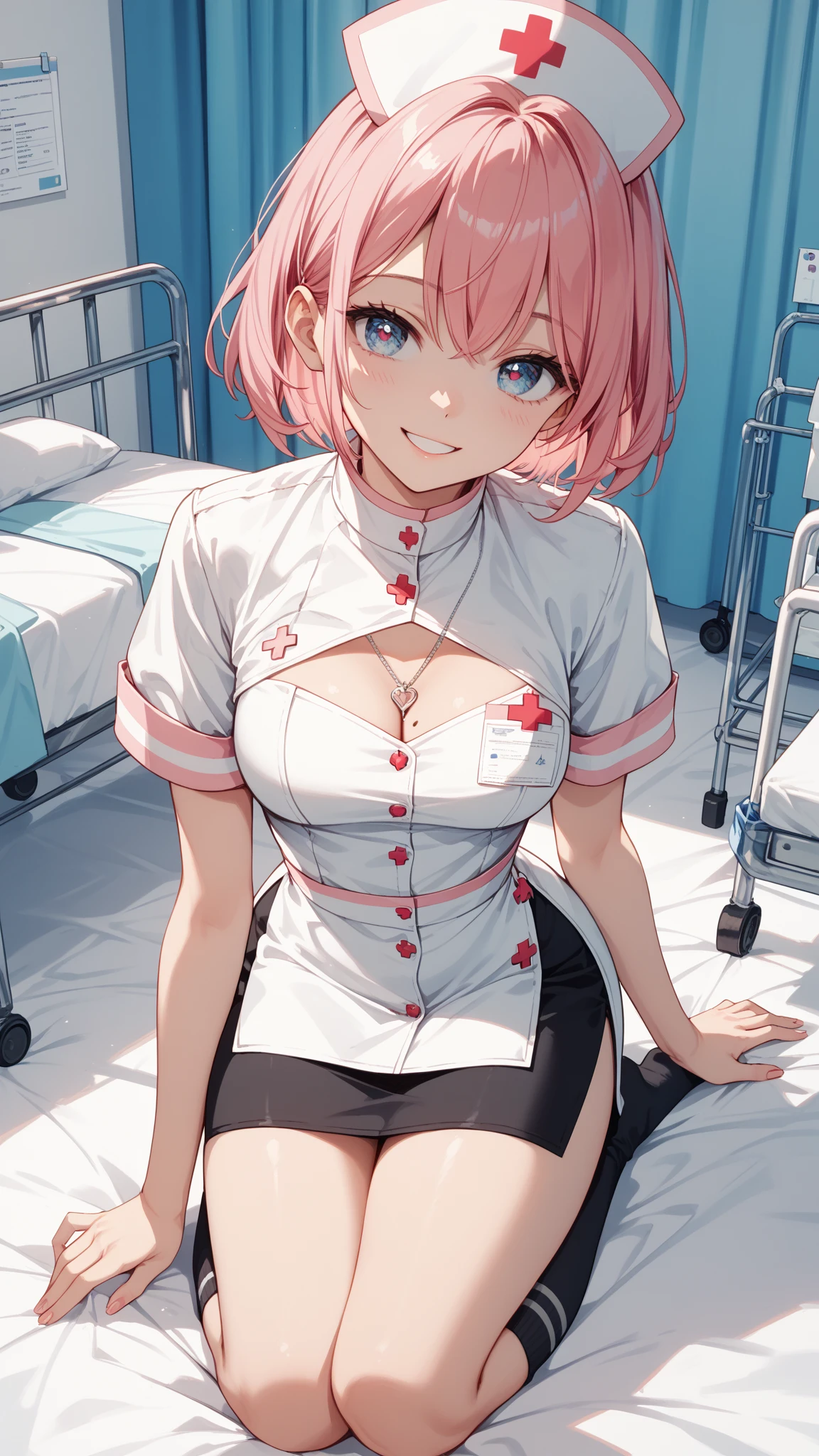 Beautiful young woman, Anime Style, Detailed face, Redhead, Wet Hair, Big eyes, pinkの目, Delicate features,One Girl, alone, nurse:1.5, pink,  White gloves, Very short hair, Orange Hair,Lying in bed, ((Hospital room)), Sharp contours, Short sleeve, Tomboy, boyish, Highest quality, masterpiece、No hat、erotic、sexy、