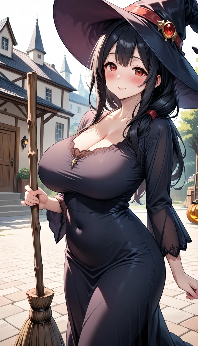 A woman wearing a European madame dress from the middle ages, long-sleeved red dress, black details on the clothes, iron cross necklace on her neck, wearing a long madame hat, hat with black feather, long black hair, bangs on the eyes, yellow eyes, smiling, big breasts, exposed breasts, outside a mansion, standing on a concrete sidewalk, wide view of lawn with some trees, blue sky with some clouds, smiling, European aesthetic from the 1700s,(solo woman) ,UHD , prime work , accurate , anatomically correct , textured skin , super details , high quality , best quality, 8k, high resolution, bokeh effect.