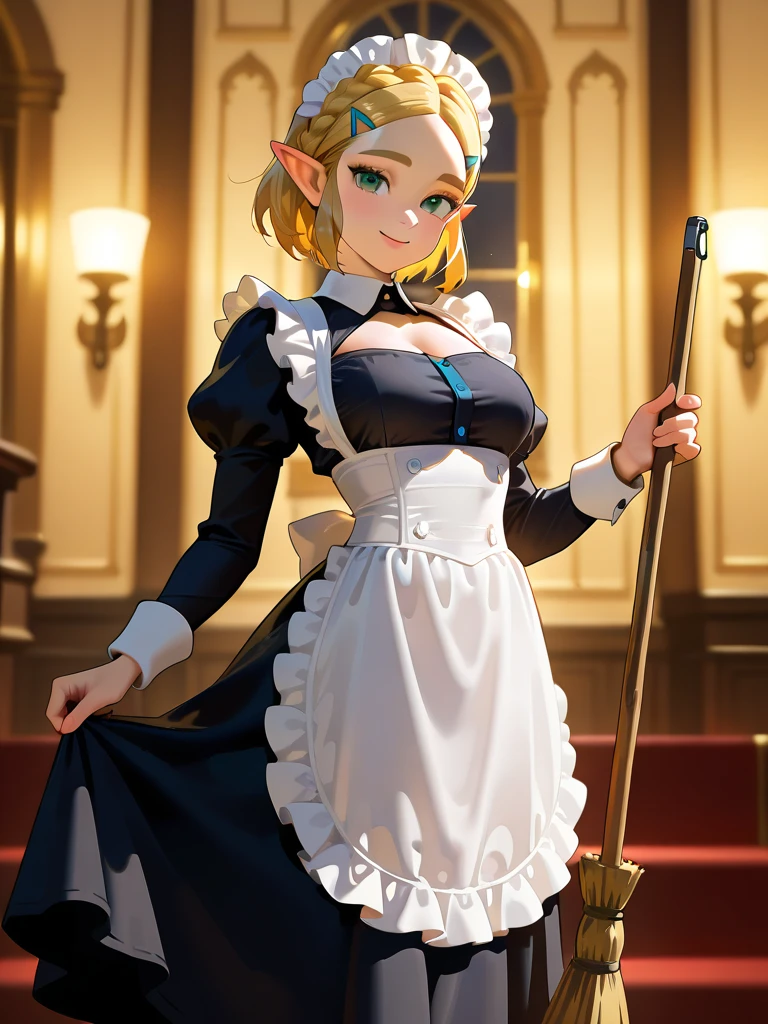 maid, alternate costume,  table, sitting, smile, teeth, looking at viewer,  lux, luxanna crownguard, league of legends, cowboy shot, looking at viewer, 1girl, solo, blonde hair, blue eyes,  <lora:lux-000032:1>