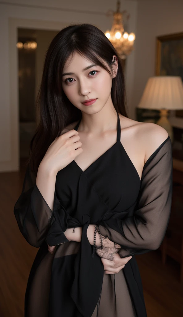 (Highest quality:1.4)，(masterpiece:1.4)，(Realistic:1.4)，(Realistic:1.2)，(超High resolution， RAW Photos:1.4)，(High resolution， Very detailed:1.2)，(8k:1.2)，View your audience，Cinematography，One person，skeletally correct，Black-haired woman，Woman in her early 20s，(Small earrings，necklace，Brown cape collar dress)，（Inside the Western-style building，Dimly lit room，The lamplight shines on my cheeks，Kneel）, nipple slip
