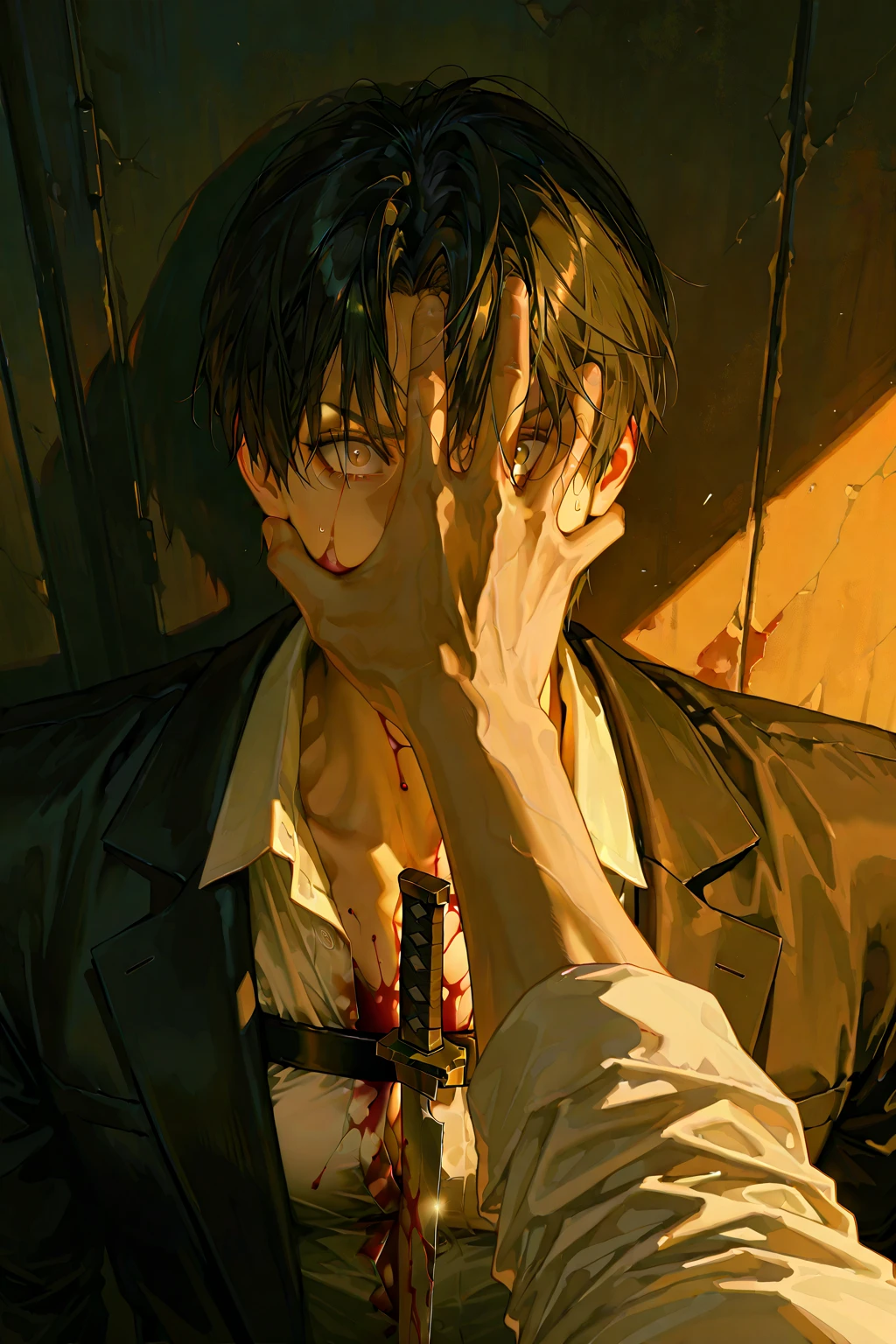 A person threatens the main character by grabbing him by the neck, The main character has some wounds on his face