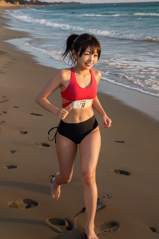 ((best quality)), ((masterpiece)), (detailed), perfect face, perfect face, the prettiest 16 year old girl, 1 girl, solo, walking, white jacket,black sport shorts,bare chest, athletic build, dynamic brushstrokes, capturing the essence of her athleticism and energy, using light colors and soft tones to create a dreamy and ethereal atmosphere, walking on a beach , smiling gently, front view, brunnet, looking front,bare chest, , small butt, perfect abs, flated chest, fit body, cute smile 