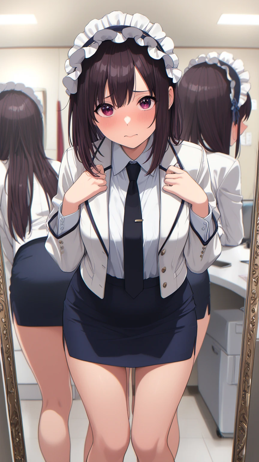 A girl with black hair, short bob, small breasts, and pale pubic hair, wearing a blazer uniform, floral bra and floral panties, with erect nipples, is crying in disgust as a middle-aged man grabs her while standing in a Japanese-style room. Her hands are tied behind her back with a rope.、From head to ankle
