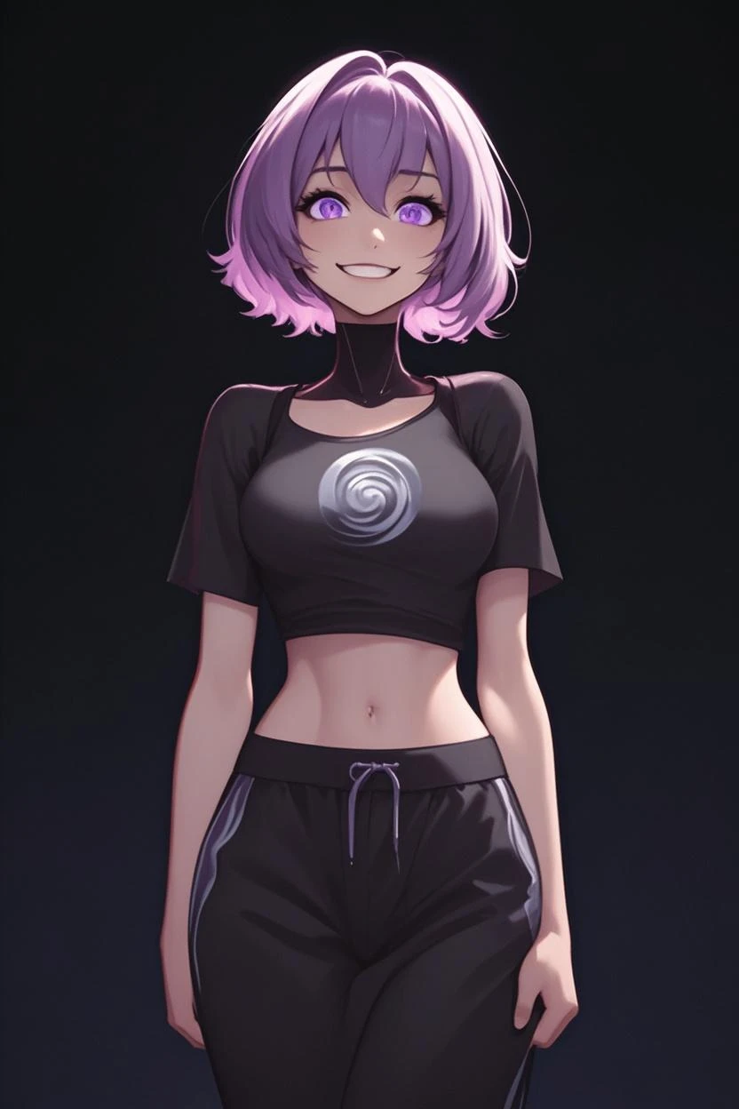 brown skinned girl, red eyes, shimmering halter top, gym shorts, long purple hair, big hips, hair between the eyes, gazing away, standing alone, whole body, standing, crotch highs, detailed eyes, simple background, detailed face, stylish


