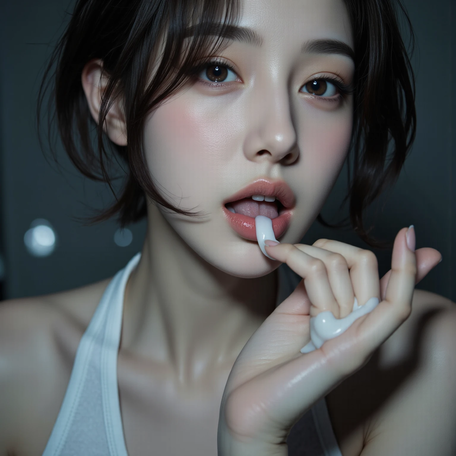 (bukkake, cum on face and breast:1.3), (masterpiece:1.3)、Very fine finish、(anatomically correct), (High resolution、8k:1.3)、(highest quality、Ultra-realistic as a photo:1.5)、Sharp focus, 超High resolutionの顔、The face is in focus、Ultra high definition and beautiful eyes、Eyes are symmetrical:1.3、High quality and beautiful skin、Firm Skin、Japanese women, 18-year-old、very cute、very cute、(topless, small breast), Natural Makeup, Glossy lips、Strange facial expression, Wet eyes:1.3, blush:1.3, Embarrassing:1.3、View Viewer ,short hair, One hand lightly placed over the mouth, bust shot