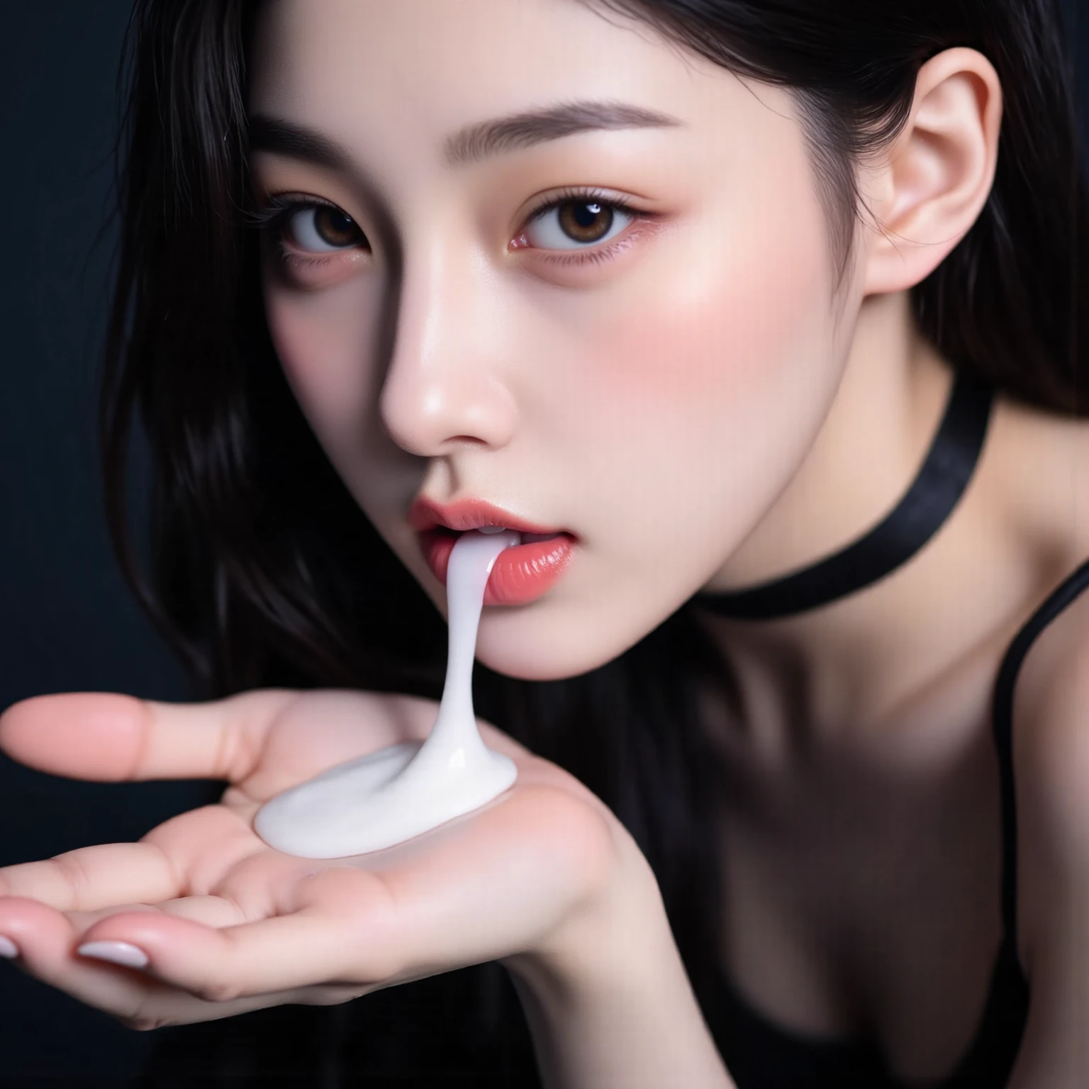 ((Highest quality、Very detailed、masterpiece、Blowjob:1.3))、One Girl、glamorous、(A lot of semen on the cheek、Big Penis、nude)、Beautiful Talent、Open your mouth wide、On all fours、Grip
