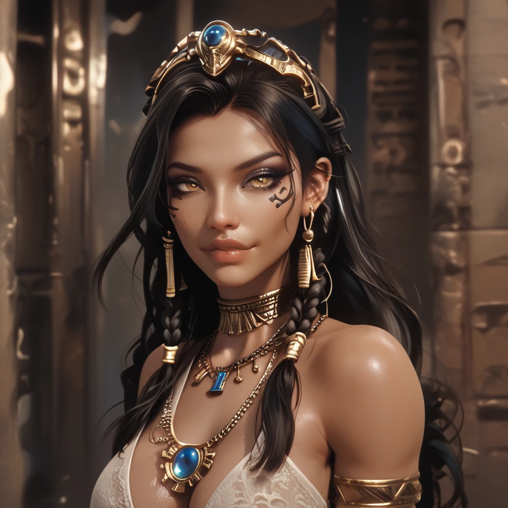 Close-up of a woman wearing a headdress and feathers, cleopatra portrait, beautiful cleopatra, 3d, goddess, portrait, アステカ王女のportrait, goddessとしてのナタリー・ポートマン, cleopatra, 映画のgoddessのクローズショット, egyptian princess, goddessのクローズアップportrait, zbrush art, surreal fantasy art, Black Emma Watson becomes Egyptian, realistic digital art