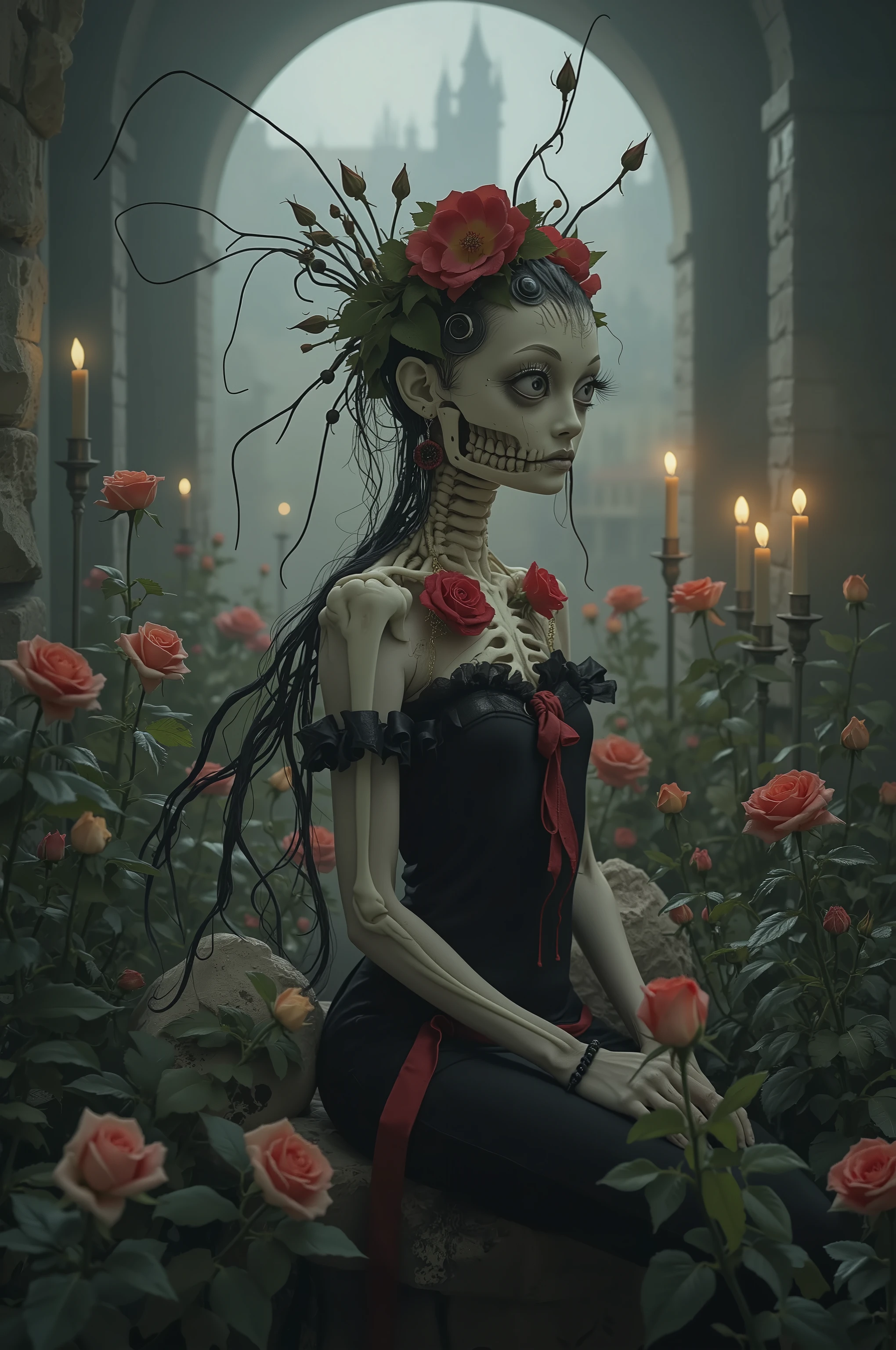 Ultra-realistic, photo-realistic, cinematic photography, realistic, hyperrealistic.   A stunning figure with an intricately elongated and skeletal neck creates a dramatic and surreal impression. The skin is pale, almost ghostly, stretching over the sinewy structure of the shoulders and neck, while the visible ribs emphasize a skeletal motif. Soft lighting highlights the porcelain-like texture of the skin, which is adorned with a series of elegant metal ornaments along the shoulders and arms. The deep red attire, frayed and ornate around the edges, contrasts starkly against the pale skin, adding a pop of color and enhancing the eerie mood. Wisps of hair cascade in waves, adding softness to the overall angular and macabre composition. The atmosphere is one of haunting elegance, with a somber undertone that blends elements of fantasy and the grotesque.there is a woman with a strange head and a body made of flowers, 4k highly detailed digital art, humanoids overgrown with flowers, humanoid flora, 4 k highly detailed art, 4k detailed digital art, mechanical vegetal cyborg, detailed painting 4 k, detailed fantasy digital art, detailed fantasy art, highly detailed fantasy art, psychedelic organic cyborgIn a surreal, fantastical portrait, an intricate humanoid figure stands surrounded by a lush garden of vibrant roses. The figure's form is a complex, mesmerizing blend of organic and mechanical elements, with skin resembling ivory porcelain intertwined with a network of exposed wires, gears, and botanical motifs. The head is adorned with an elaborate headdress of cables and roots exploding into colorful and bizarre foliage, creating an otherworldly crown. Large, wide-set eyes and a skeletal grin give the face a haunting yet whimsical expression. Brightly colored flowers and ornaments are embedded in the body, adding an enchanting touch of life. The background features a fairy-tale landscape with distant, whimsical towers and soft, ethereal lighting that complements the serene, almost dreamlike ambiance. The scene captures an exquisite blend of nature and machinery in a symphony of artistic imagination, evoking themes of transformation and the merging of human and natural worlds.A woman sits amidst the solemn grandeur of a dimly lit room, her presence accentuated by an elaborate black and red gown. The dress is richly adorned with intricate details and vibrant red frills, drawing the eye with its striking contrast against the subdued background. Her dark, flowing hair cascades over her shoulders, complementing the dramatic scene and adding a touch of elegance and mystery. Surrounding her are antique candlesticks, their glowing flames casting a warm, flickering light that dances over the stone textures and arched architecture of the setting. This gothic atmosphere is filled with shadows and depth, enhanced by the stones and scattered bones around her, evoking a somber, introspective mood. The interplay of light and shadow is captured beautifully, creating an evocative and intriguing tableau.A striking figure with an intricately elongated and skeletal neck creates a dramatic and surreal impression. The skin is pale, almost ghostly, stretching over the sinewy structure of the shoulders and neck, while the visible ribs emphasize a skeletal motif. Soft lighting highlights the porcelain-like texture of the skin, which is adorned with a series of elegant metal ornaments along the shoulders and arms. The deep red attire, frayed and ornate around the edges, contrasts starkly against the pale skin, adding a pop of color and enhancing the eerie mood. Wisps of hair cascade in waves, adding softness to the overall angular and macabre composition. The atmosphere is one of haunting elegance, with a somber undertone that blends elements of fantasy and the grotesque.