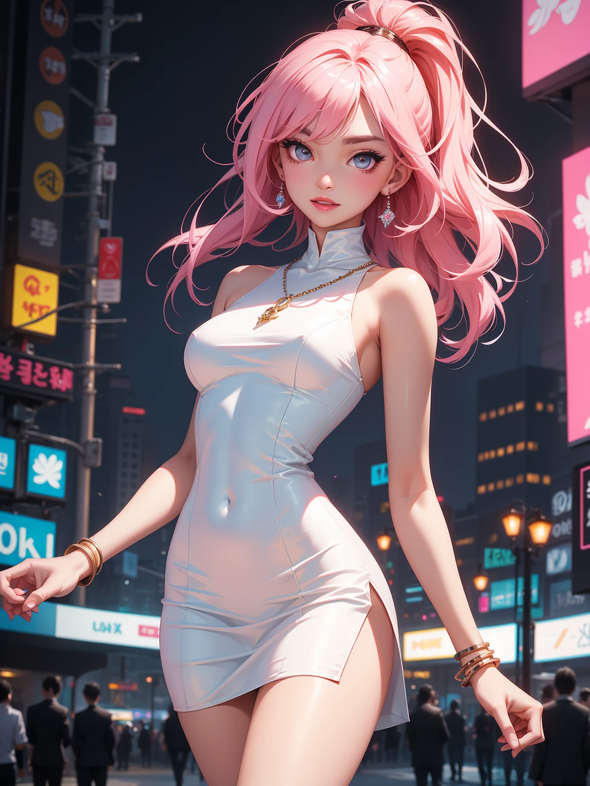 (pink (transparent) open-chest shirt) 17-year-old female student, (plump chest), (pink (transparent) open-chest shirt), obvious chest can be seen through the clothes, full of flesh, can show the chest, white miniskirt, panties can be seen, the background is the empty street, perfect body, delicate facial features, pink curly hair, transparent suspenders, open legs, feminine and sexy posture, full body portrait, perfect hands