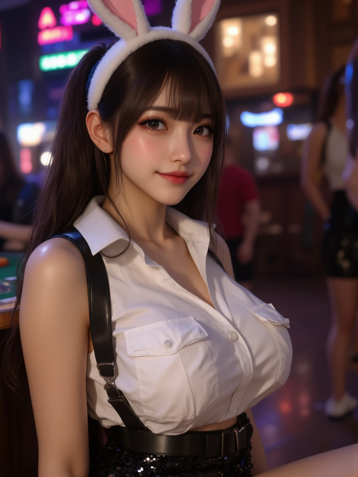 ((upperbody:2.0, emphasize the chest:1.3)), (masterpiece:1.3), high resolution, ultra detailed, extremely detailed CG unity 8k wallpaper, realistic, photo-realistic, RAW photo, beautiful detailed face, detailed eyelashes、pale skin, realistic glistening skin, detailed cloth texture, detailed hair texture, Perfect body, Beautiful Face, accurate, Anatomically correct, Highly detailed face and skin texture, natural neck length, (beautiful hands), (fair skin:1.2), Detailed eyes, symmetric eyes, Double eyelids, Thin eyebrows, Dynamic pose:1.3、(nsfw:1.1)、(Glossy lips:1.4), (gently smile:1.2), (A Classy and Cute girl:1.3), (one girl), (playboy bunny,fake rabbit tail, black fake rabbit ears, pantyhose, black pantyhose,bowtie, wrist cuffs, enamel leotard), (medium large breasts), (slender figure:1.2)、((Casino, retro bar))、