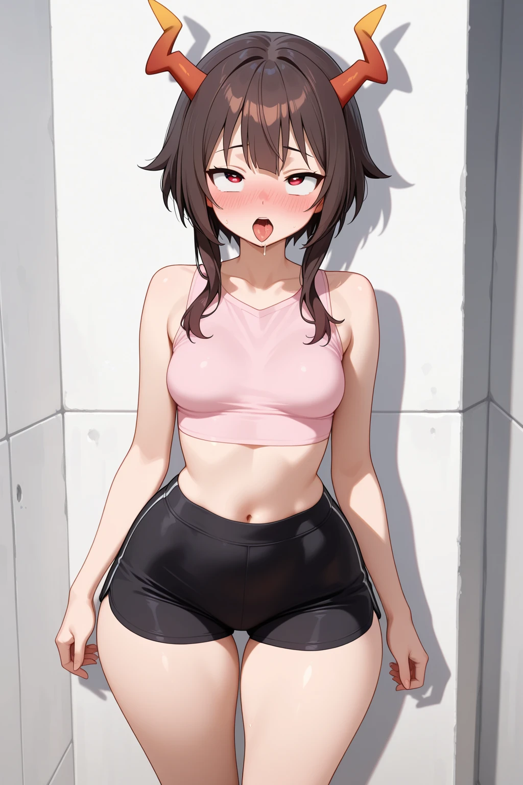 In underwear,Yukimi, 10 years old., Blunt bangs,Shortcuts,Black Hair,,Flat Chest, Expressionless, shy, whole body, Highest quality, School classroom、Angle from below、stand、Sports Bra,(Children's panties:1.4)、Embarrassing,Put your hands behind your back