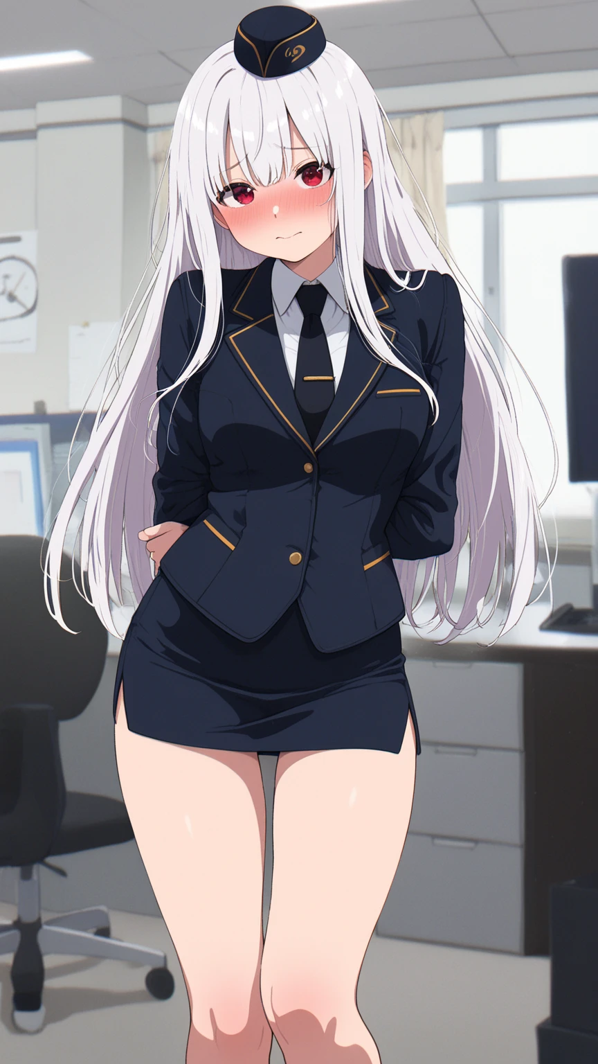 (Highest quality, High resolution, Very detailed), 1 female, Silver Hair, Long Hair, Reddish brown eyes, office staff suit skirt, Nude, pussy, vaginale, ((pussy juice)), secretary, 24th generation, Beautiful woman, mature, thin, quiet, Calm, Large Breasts, A small smile, office,