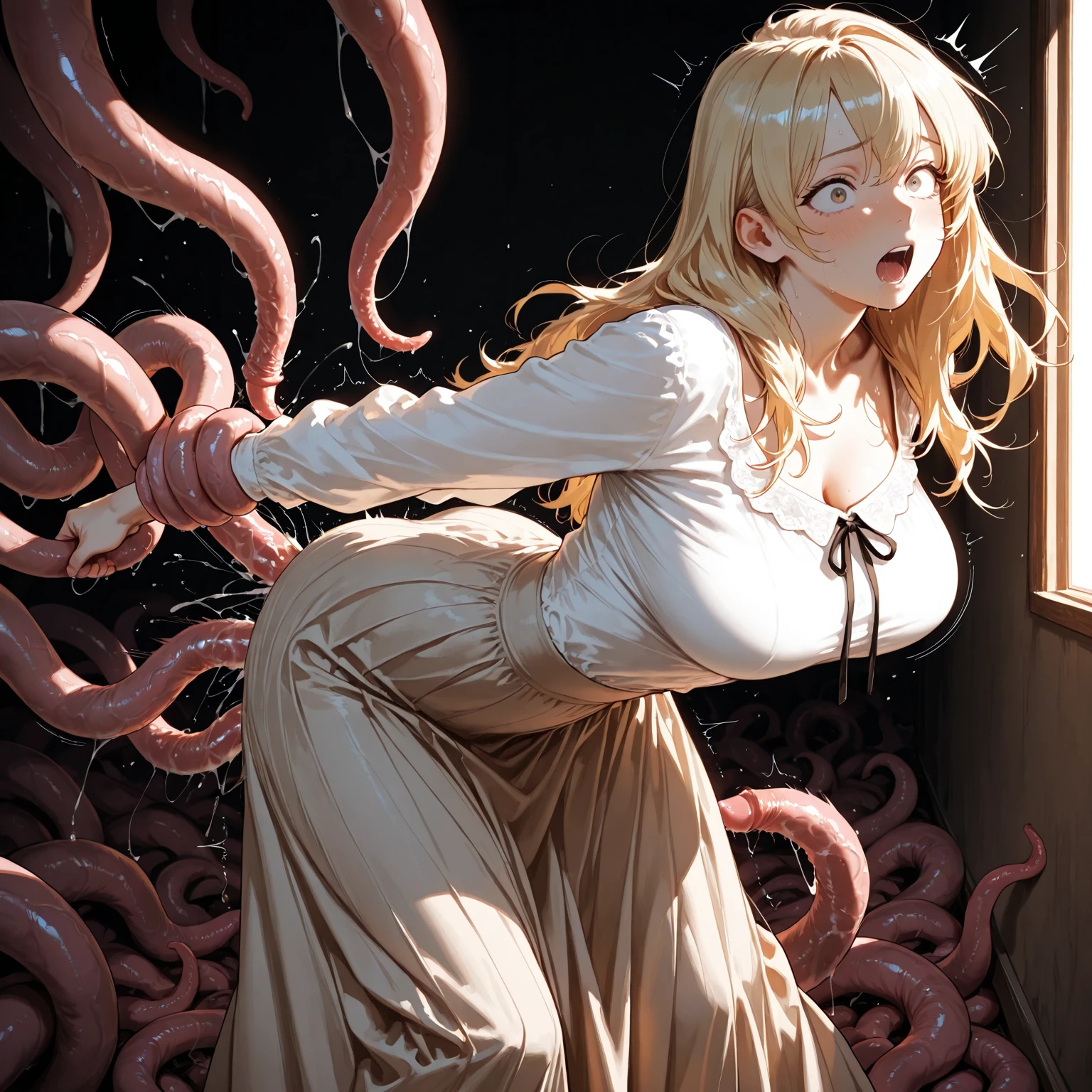 Blonde hair, Long hair, STU DTS,school_uniform, Blue eyes, black thighhigns, Tentacle, Forced, No panties,, Leakage of urine,breasts out, Medium breasts, puffynipple, how to_In_mouth to tentacles, Kinky lines
