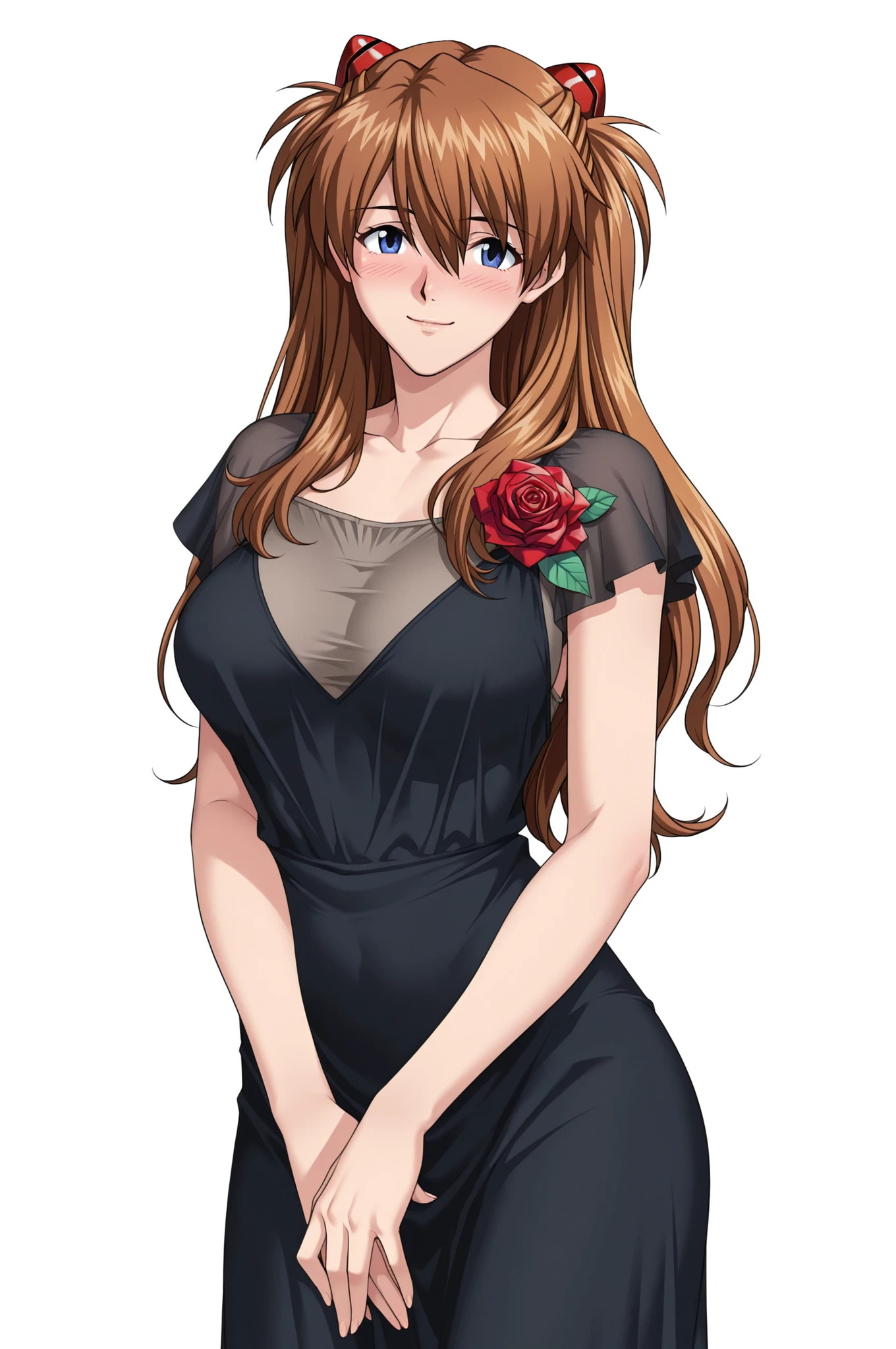 source_Evangelion,  cowboy shot, top quality。masterpiece。anatomically accurate。highly detailed eyes, perfect eyes, (Soryu Asuka Langley。brown hair。blue eyes, solo, mature female, feminine, long hair, kind smile, blush, standing), (big breasts:0.7), (black chic dress。rose corsage), white background。no background。kagami_hirotaka, look at viewer,
