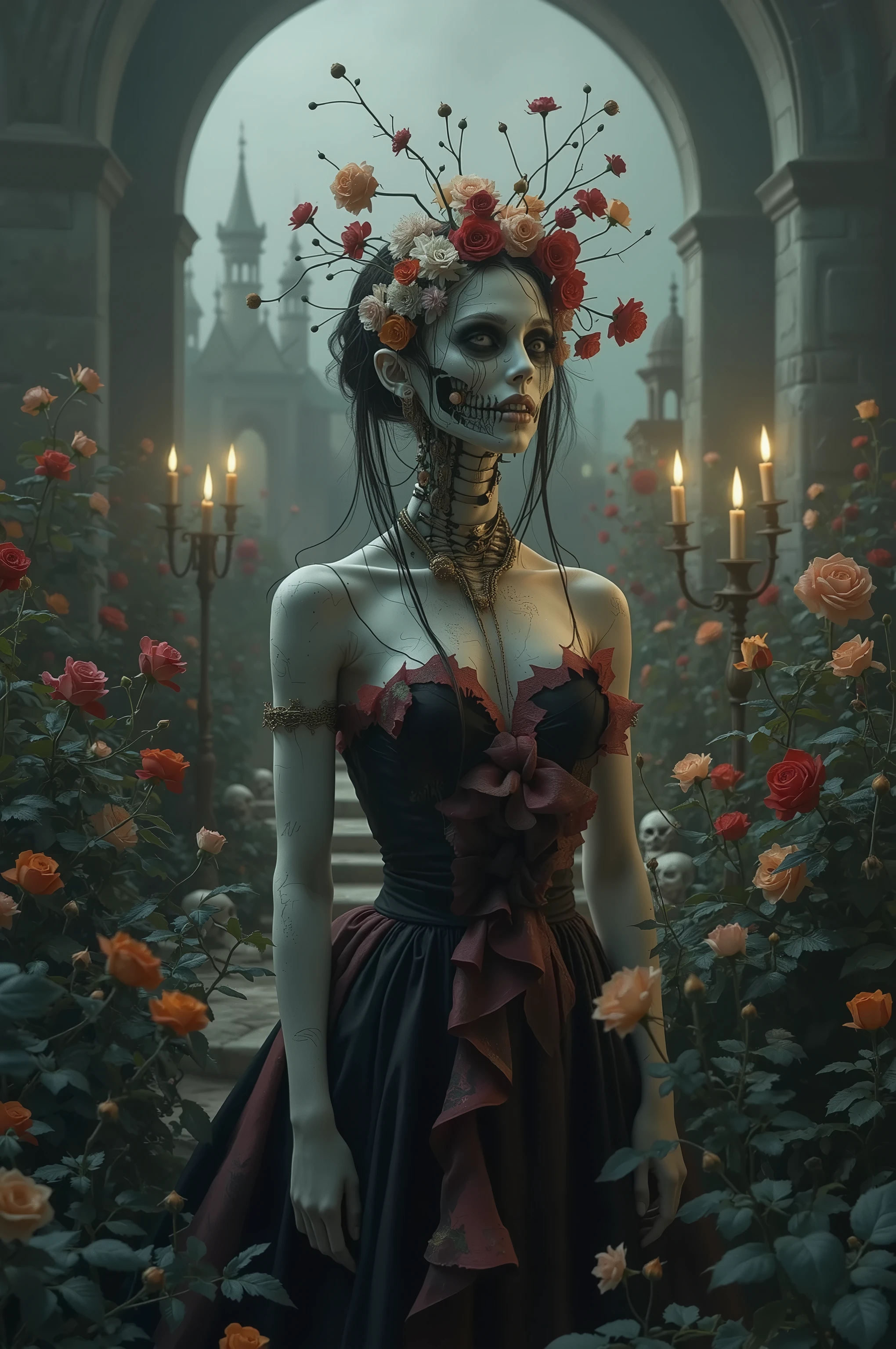 Ultra-realistic, photo-realistic, cinematic photography, realistic, hyperrealistic.   A stunning figure with an intricately elongated and skeletal neck creates a dramatic and surreal impression. The skin is pale, almost ghostly, stretching over the sinewy structure of the shoulders and neck, while the visible ribs emphasize a skeletal motif. Soft lighting highlights the porcelain-like texture of the skin, which is adorned with a series of elegant metal ornaments along the shoulders and arms. The deep red attire, frayed and ornate around the edges, contrasts starkly against the pale skin, adding a pop of color and enhancing the eerie mood. Wisps of hair cascade in waves, adding softness to the overall angular and macabre composition. The atmosphere is one of haunting elegance, with a somber undertone that blends elements of fantasy and the grotesque.there is a woman with a strange head and a body made of flowers, 4k highly detailed digital art, humanoids overgrown with flowers, humanoid flora, 4 k highly detailed art, 4k detailed digital art, mechanical vegetal cyborg, detailed painting 4 k, detailed fantasy digital art, detailed fantasy art, highly detailed fantasy art, psychedelic organic cyborgIn a surreal, fantastical portrait, an intricate humanoid figure stands surrounded by a lush garden of vibrant roses. The figure's form is a complex, mesmerizing blend of organic and mechanical elements, with skin resembling ivory porcelain intertwined with a network of exposed wires, gears, and botanical motifs. The head is adorned with an elaborate headdress of cables and roots exploding into colorful and bizarre foliage, creating an otherworldly crown. Large, wide-set eyes and a skeletal grin give the face a haunting yet whimsical expression. Brightly colored flowers and ornaments are embedded in the body, adding an enchanting touch of life. The background features a fairy-tale landscape with distant, whimsical towers and soft, ethereal lighting that complements the serene, almost dreamlike ambiance. The scene captures an exquisite blend of nature and machinery in a symphony of artistic imagination, evoking themes of transformation and the merging of human and natural worlds.A woman sits amidst the solemn grandeur of a dimly lit room, her presence accentuated by an elaborate black and red gown. The dress is richly adorned with intricate details and vibrant red frills, drawing the eye with its striking contrast against the subdued background. Her dark, flowing hair cascades over her shoulders, complementing the dramatic scene and adding a touch of elegance and mystery. Surrounding her are antique candlesticks, their glowing flames casting a warm, flickering light that dances over the stone textures and arched architecture of the setting. This gothic atmosphere is filled with shadows and depth, enhanced by the stones and scattered bones around her, evoking a somber, introspective mood. The interplay of light and shadow is captured beautifully, creating an evocative and intriguing tableau.A striking figure with an intricately elongated and skeletal neck creates a dramatic and surreal impression. The skin is pale, almost ghostly, stretching over the sinewy structure of the shoulders and neck, while the visible ribs emphasize a skeletal motif. Soft lighting highlights the porcelain-like texture of the skin, which is adorned with a series of elegant metal ornaments along the shoulders and arms. The deep red attire, frayed and ornate around the edges, contrasts starkly against the pale skin, adding a pop of color and enhancing the eerie mood. Wisps of hair cascade in waves, adding softness to the overall angular and macabre composition. The atmosphere is one of haunting elegance, with a somber undertone that blends elements of fantasy and the grotesque.